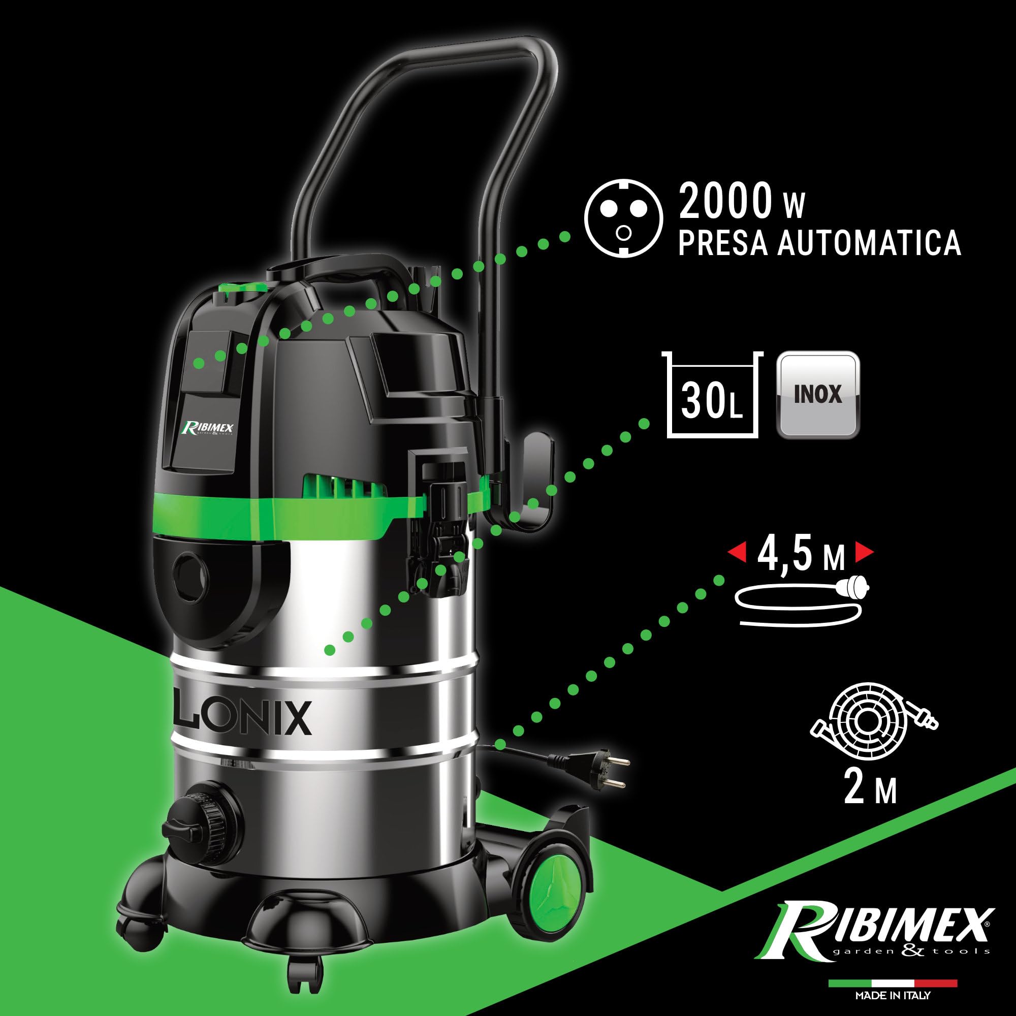 Ribimex Aspiratore Ciclonico 4 in 1 Cyclonix, Aspiratore Solidi, Liquidi e Cenere, Bidone da 30 L, 1600 W, Funzione Soffiante e Scarico Liquidi, Presa Elettroutensili, Accessori Inclusi - PRCEN023