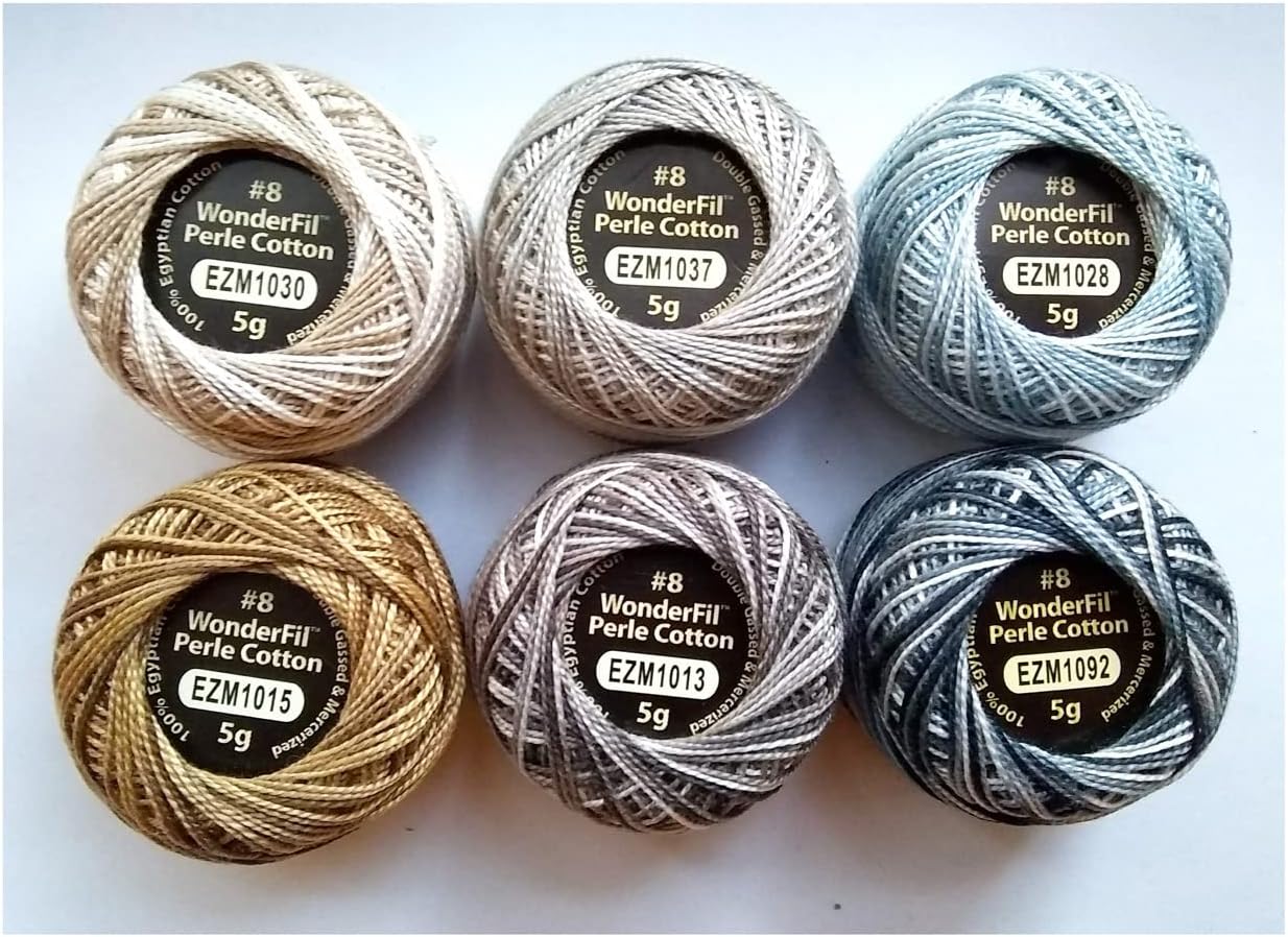 WonderFil Eleganza Size 8 Perle Cotton Embroidery Thread ''Nice and Neutral Sampler Set - 6 Colors, 42 Yards Each, Multi