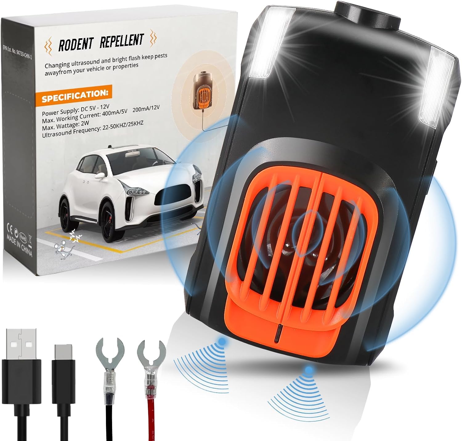 Martora Repellente Auto, Multi-frequenza ad ultrasuoni 20-50kHz e Luce Lampeggiante, Tipo-C martora Repellente Efficiente Protezione martora a Lungo Termine per Auto, 3 modalità