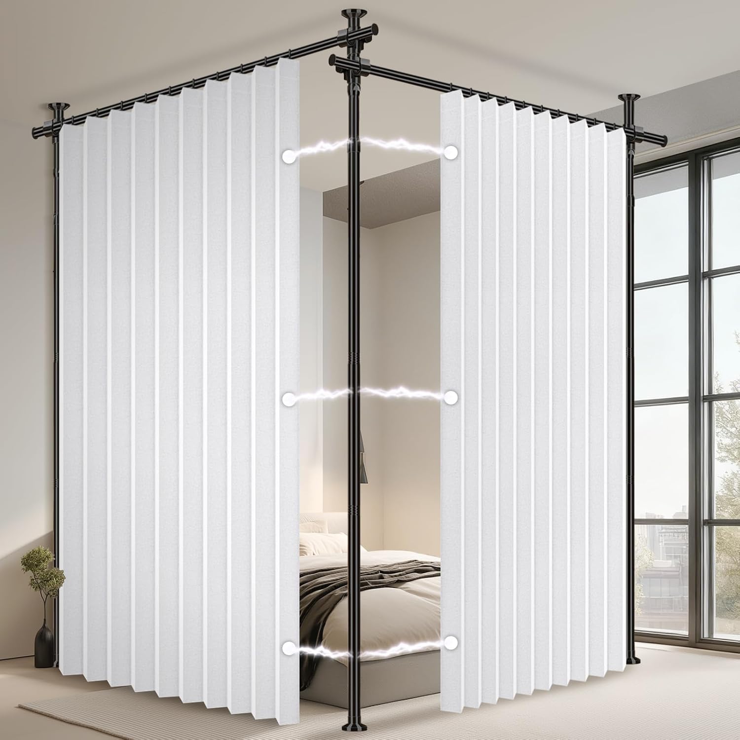 100% Blackout Room Divider Curtains Sets White W100 x L84 in 2 Panels No Drill Curtain Rods(H) 43-120×(W) 35-200 in for Temporary Wall Separator Closet Cover