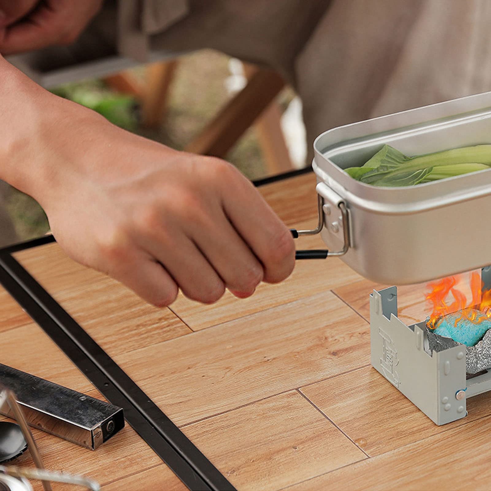 Bento Box portatile pieghevole in lega di alluminio da 800 ml con fornello ad alcool e custodia per picnic da campeggio all'aperto
