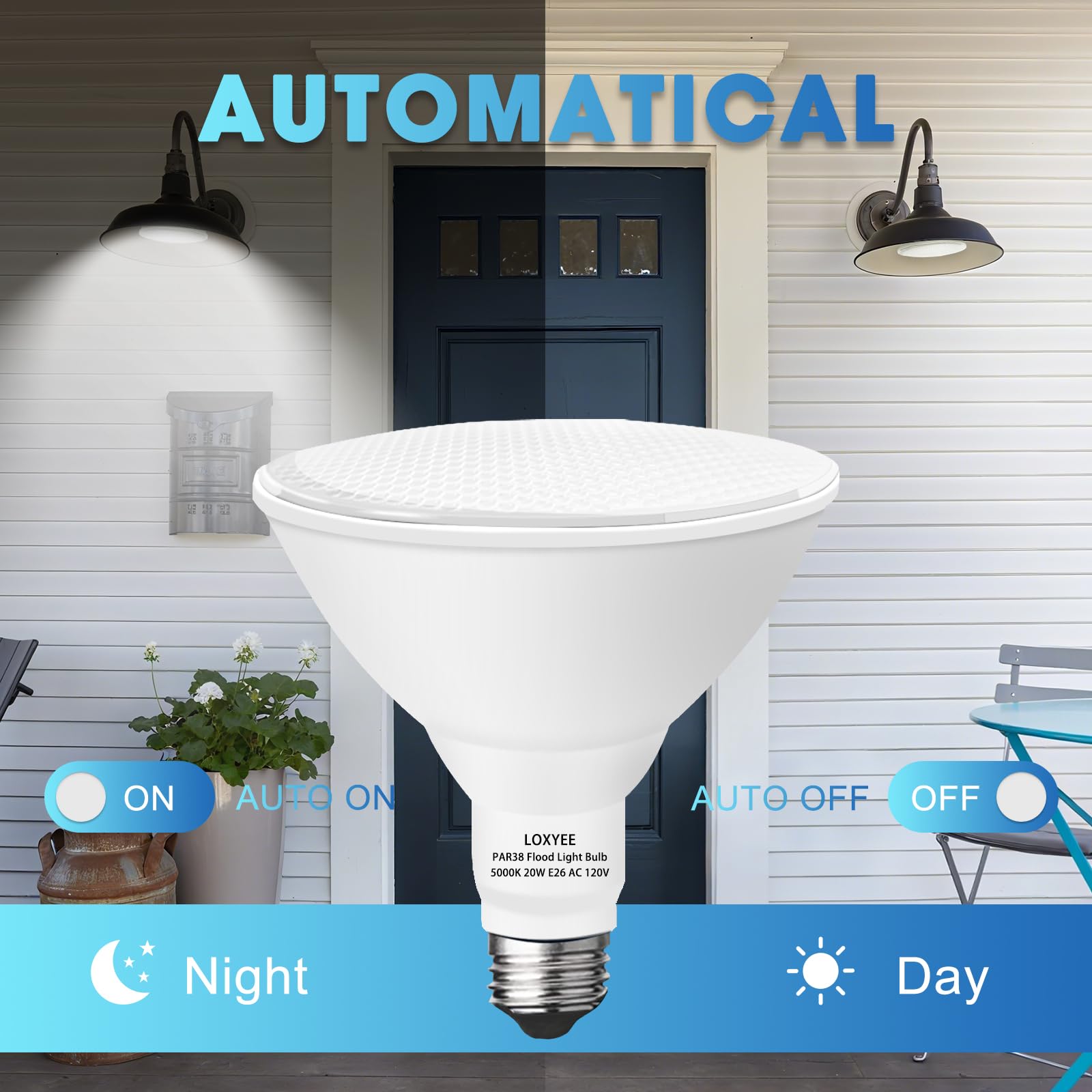 LOXYEE 2 Pack LED PAR38 Dusk to Dawn Flood Light Bulbs Outdoor