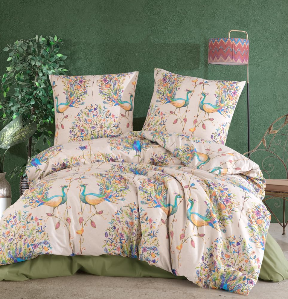 nordqueen Renforce Bettwäsche,100% Baumwolle Bettbezug aus Atmungsaktive, Angenehme Schlafkomfort,Winter Bettwäsche-Set mit Kissenbezug Bettbezug mit Reißverschlus (Pavone, 200X200 cm)