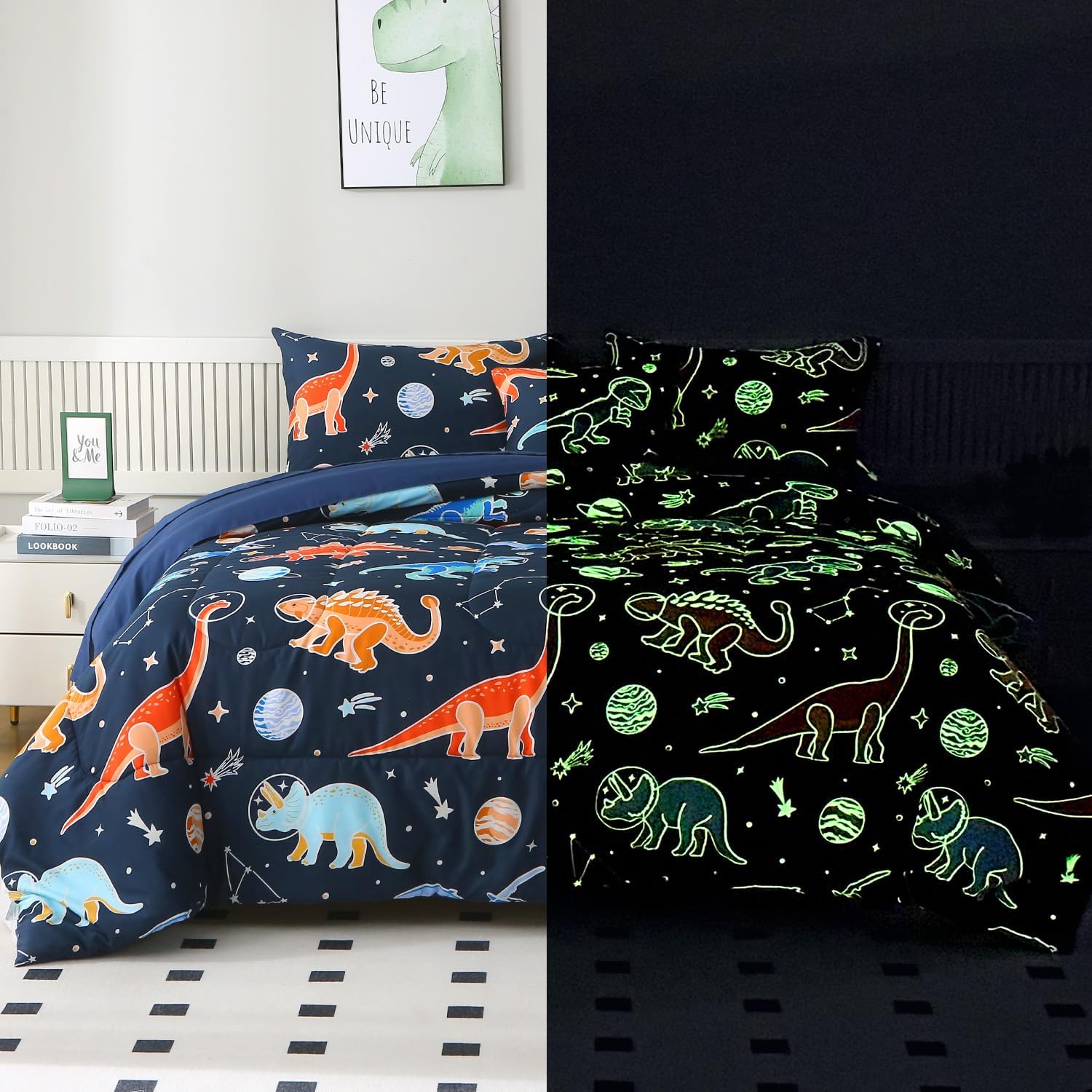 JQinHome Twin Comforter Set - 6 Pieces Kids Dinosaur Galaxy Bedding Set, Glow in The Dark Space Bed in a Bag with Comforter, Sheets, Pillowcase & Decorative Pillow Cover