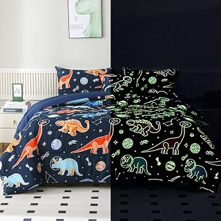 JQinHome Queen Comforter Set - 6 Pieces Kids Dinosaur Galaxy Bedding Set, Glow in The Dark Space Bed in a Bag with Comforter, Sheets, Pillowcases & Decorative Pillow Cover