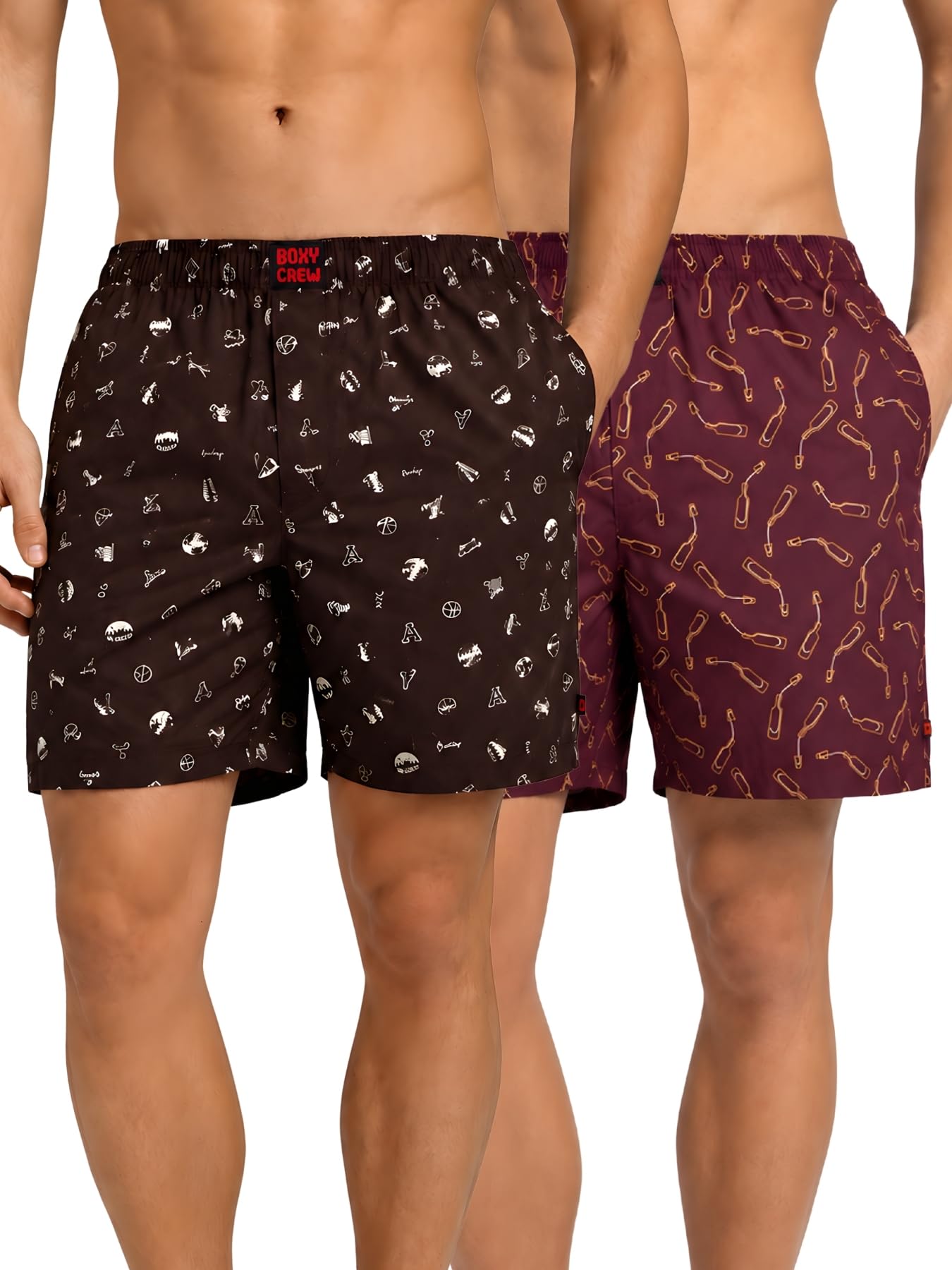 boxy crew Men Boxer Shorts Pack of 2, 100% Cotton Woven Boxers, Brown & Maroon, Printed Designs, Dual Side Pockets, No-Marks Inner Elastic Waistband, Relaxed Fit Lounge & Sleep Shorts-picture-48