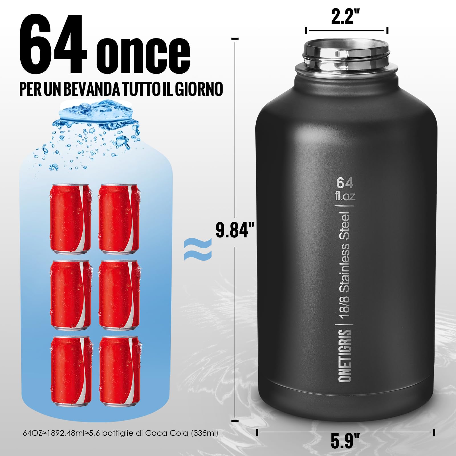 OneTigris Borraccia in acciaio inox 1,9L, alta capacità, borraccia sportiva con buon effetto isolante per bicicletta, campeggio, yoga, palestra, softair, nero, 64 OZ