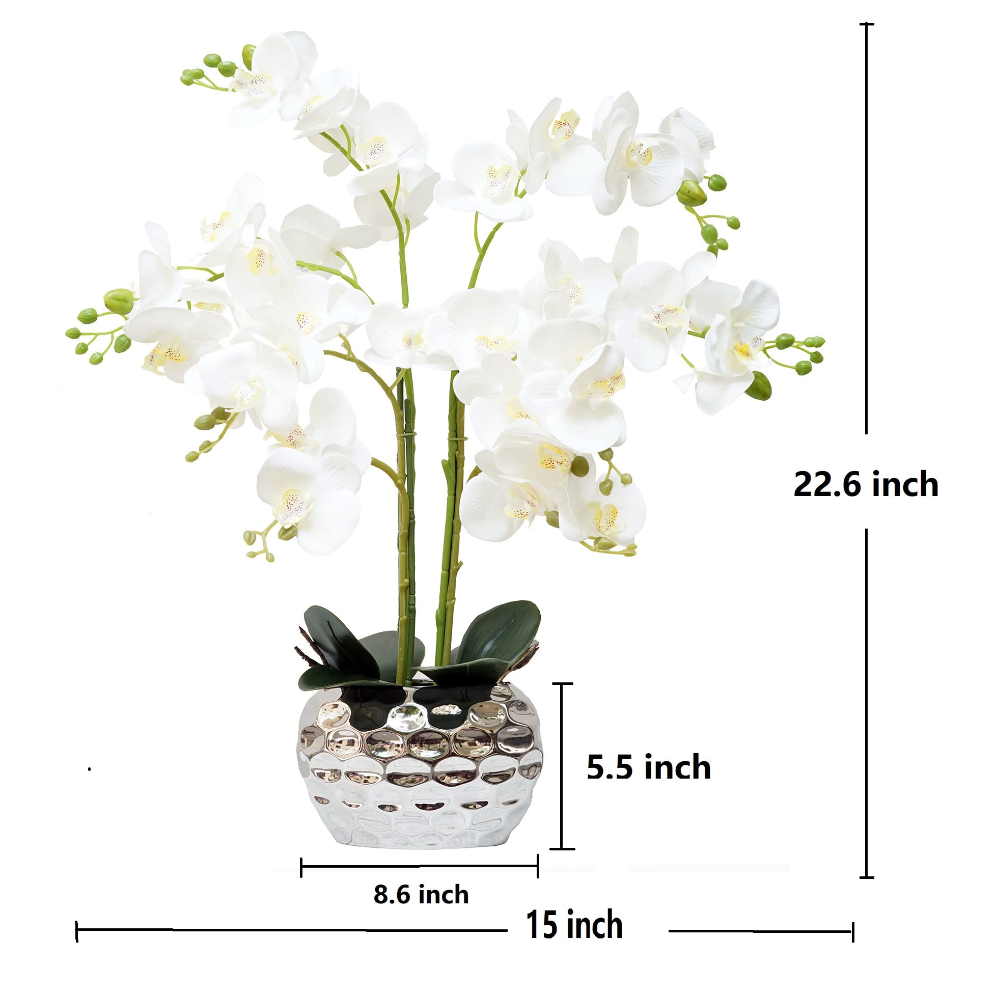 GXLMII Orchid Artificial Flowers for Home Decor, Faux Orchids with Silver Vase Phalaenopsis Fake Flowers Real Touch Flowers Plants White Orquideas Arrangements in Pot Table Centerpiece Decoration