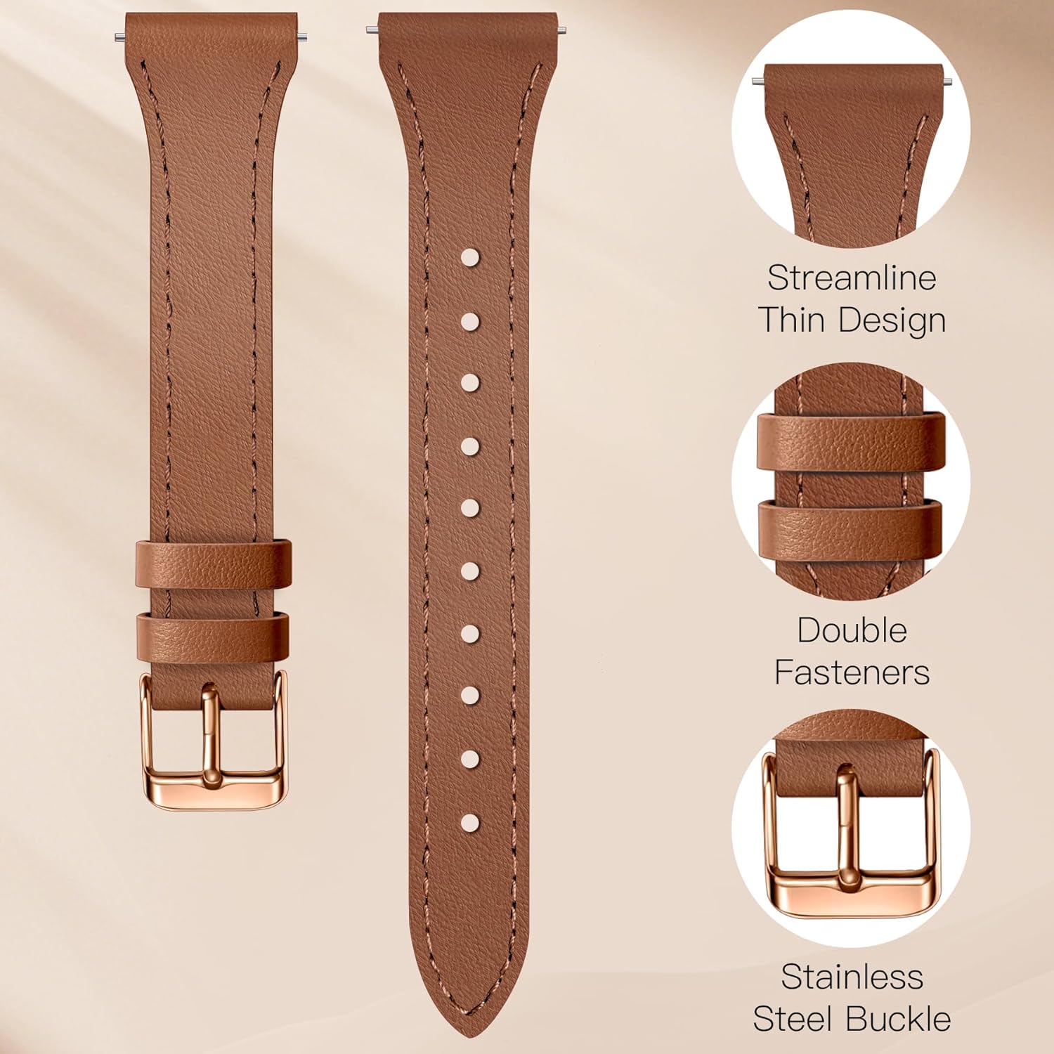 JR.DM 2 Pack Slim Leather Bands Women Compatible with Samsung Galaxy Watch 7/6/5/4/Active 2/4 Classic/6 Classic/5 Pro/FE 40mm 42mm 43mm 44mm 45mm 46mm 47mm, Top Leather Soft Watch Thin Straps，20mm - Image 7