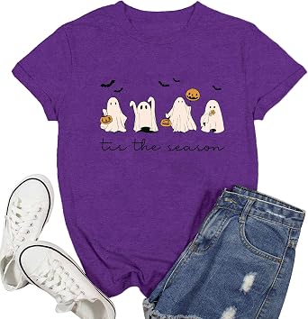 Halloween Shirts for Women Tis The Season Halloween Bats T-Shirt Cute Ghost Pumpkin Tee Tops