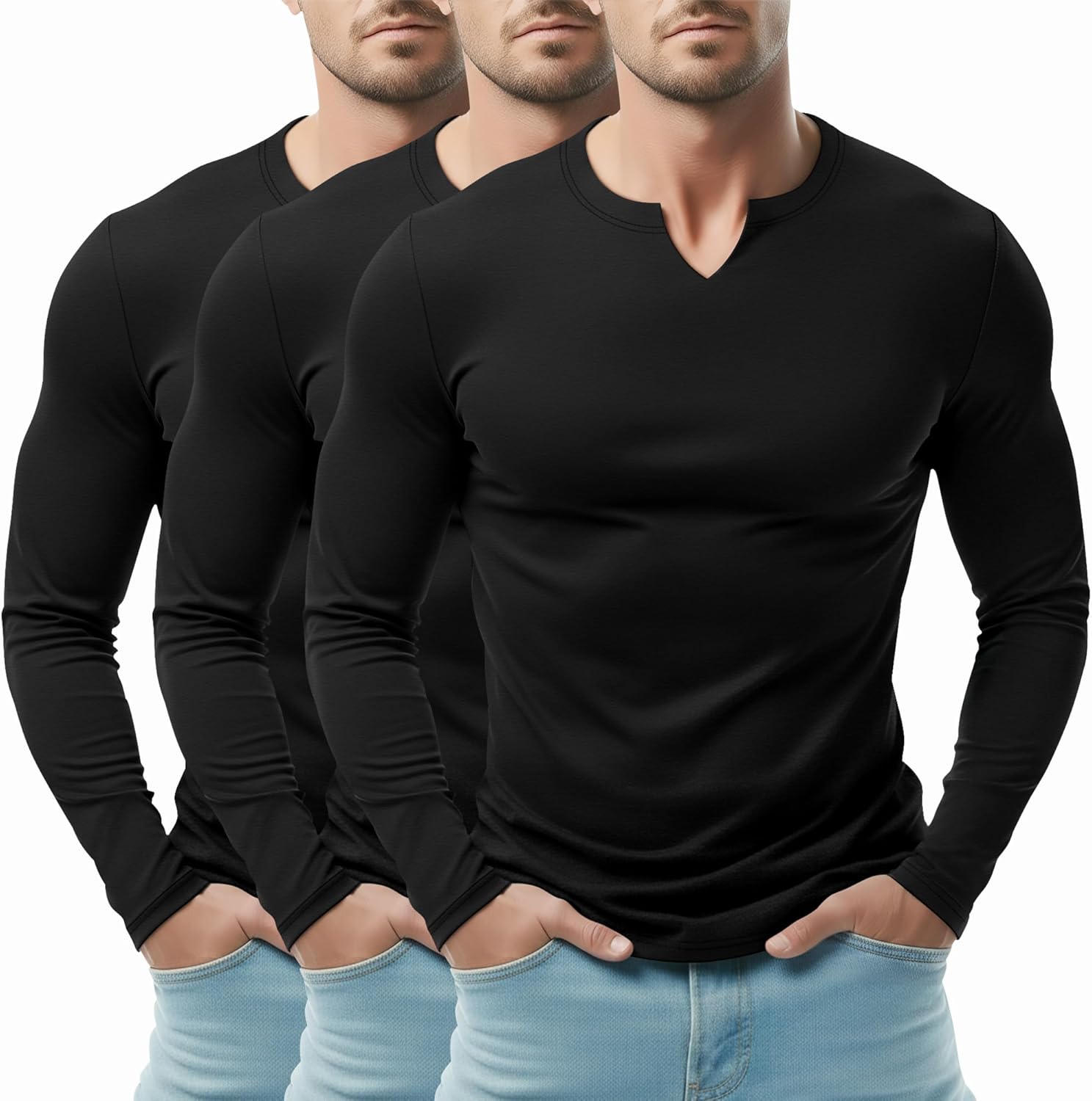 Riyiper 3 Pack Men's Long Sleeve T Shirts, V Neck Longline Henley Cotton Shirts Casual Muscle Tee Stretch Athletic Tops