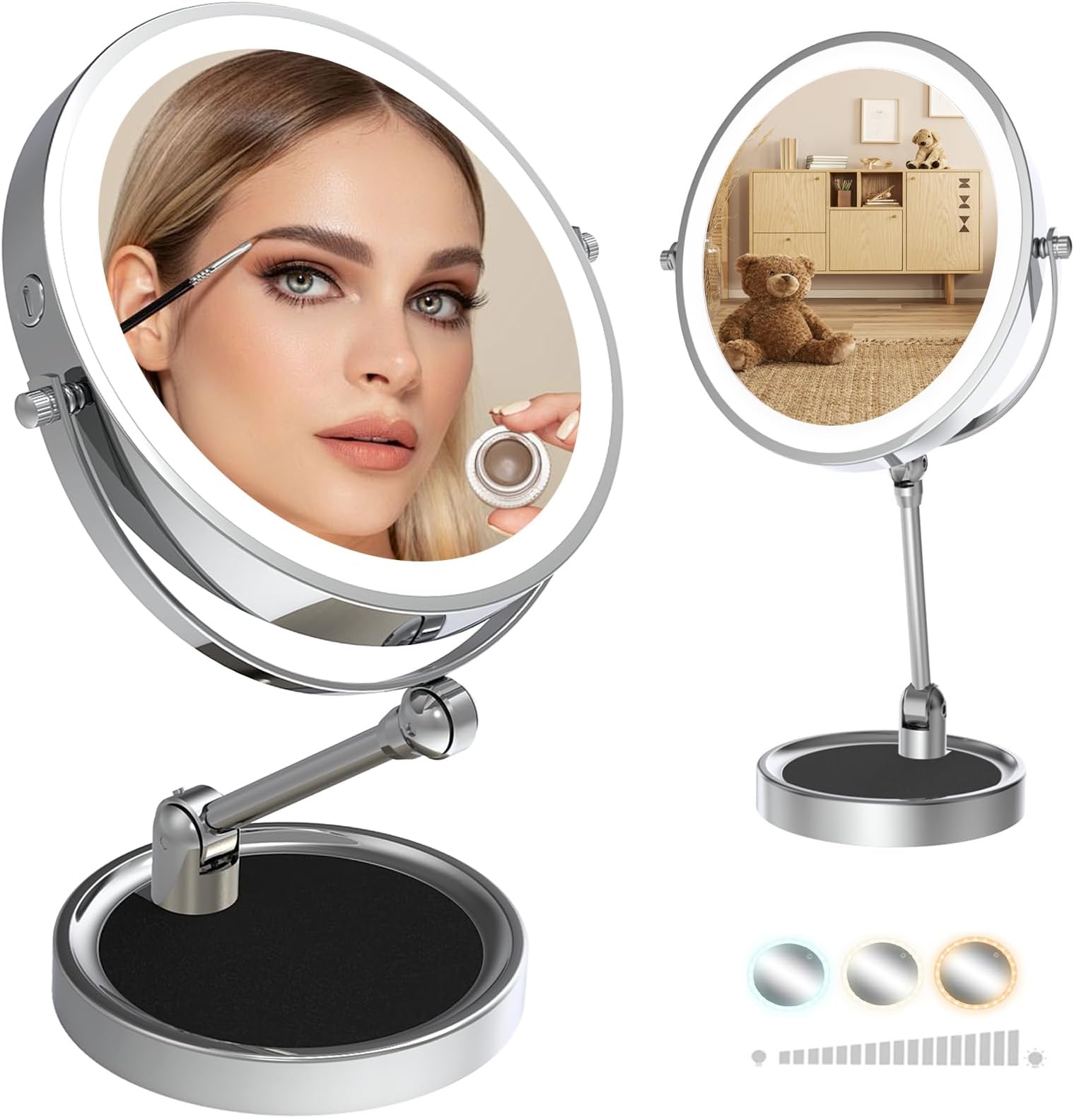 9" Large Height Adjustable Makeup Mirror With Magnification 10X/1X, 4000mAh Rechargeable Led Magnifying Vanity Mirror with Lights, Folding Boom & 360°Swivel 2-Sided Travel Cosmetic Mirror - Chrome