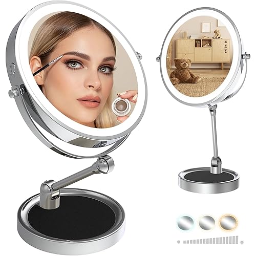9" Large Magnifying Mirror with Magnification 10X/1X, Real 4000mAh Rechargeable Led Vanity Mirror with Lights, Height Adjustable & Folding 360°Swivel 2-Sided Travel Essentials Cosmetic Mirror, Chrome
