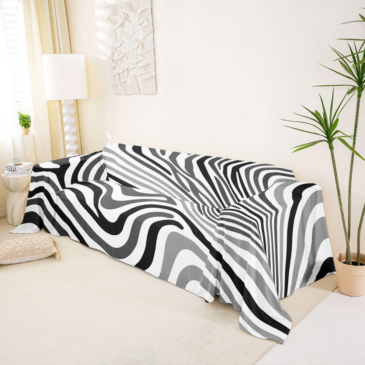 Homewish Funda de sofá geométrica en blanco y negro de 180 x 340 cm