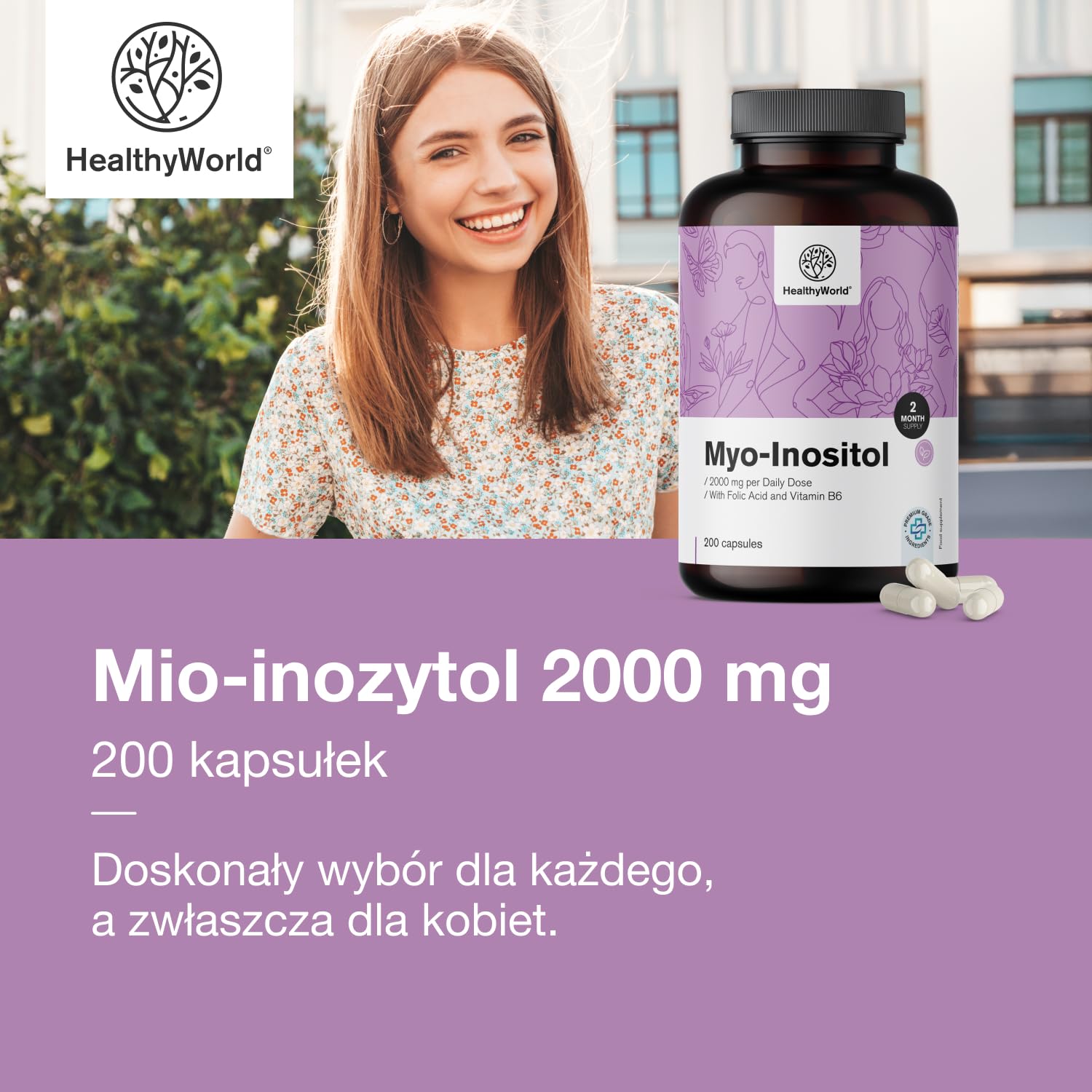HealthyWorld Mio-Inozytol 2000 mg – 200 Kapsułek Roślinnych – Dla Kobiet – Kwas Foliowy, Witaminy B6 i B8 – Wsparcie Hormonów i Nastroju – Bez Alergenów – 2-Miesięczny Zapas