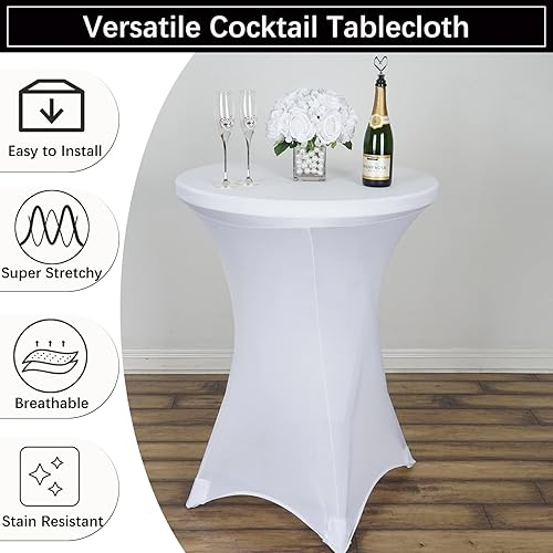 Miniatura 2 de Paquete de 2 fundas para mesa de cóctel de elastano blanco de 32 x 43 pulgadas, manteles redondos ajustados, manteles elásticos para bodas, fiestas,