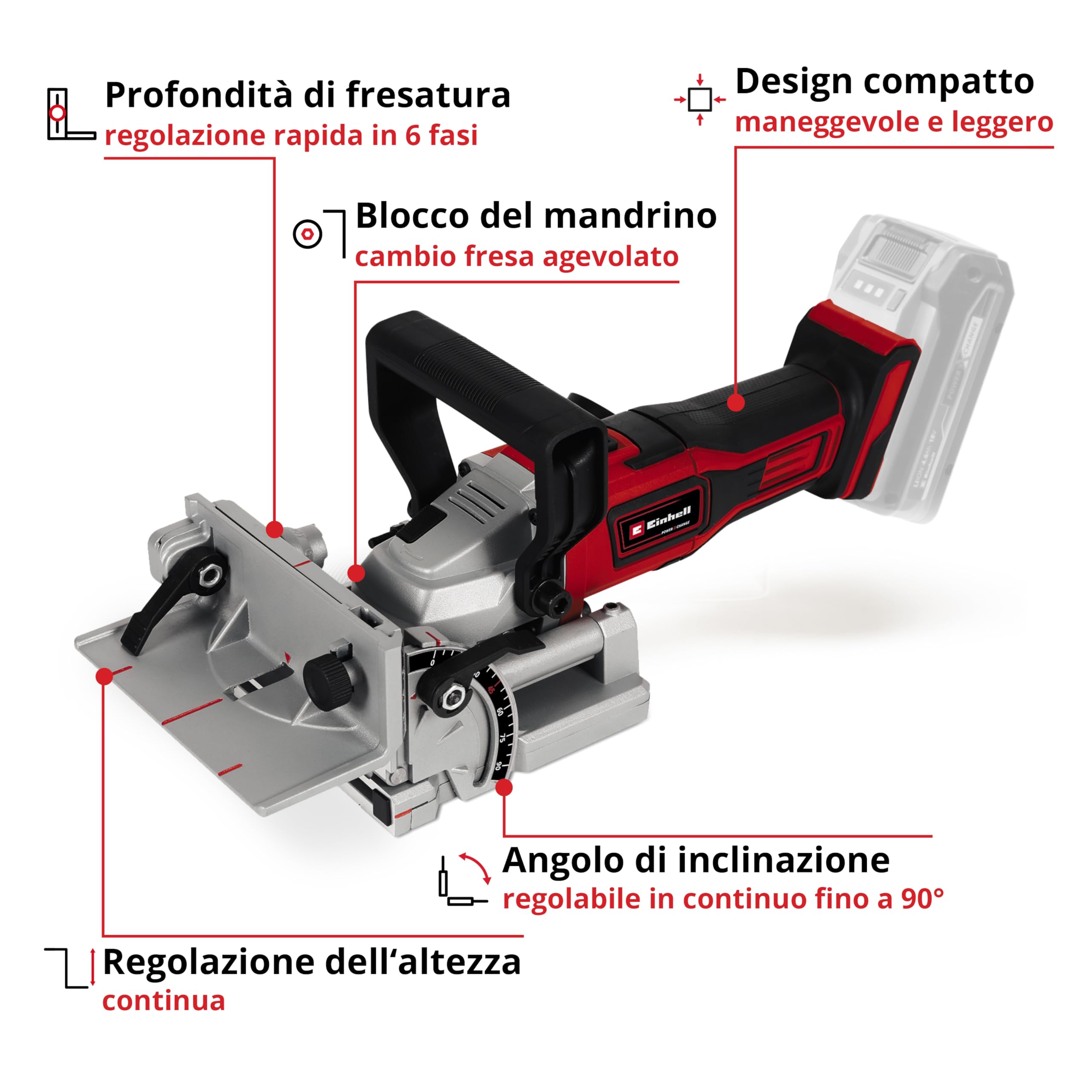 Einhell Fresatrice orizzontale a batteria TE-BJ 18 Li-Solo Power X-Change (18 V, ioni di litio, regolaz. continua inclinazione/altezza, regolaz. profondità su 6 livelli, senza batt. e caricabatt.)