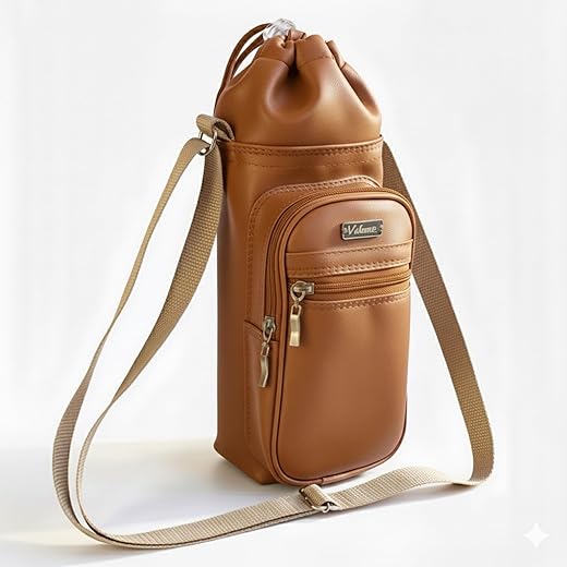 Bolsa Térmica para Garrafa Vidinne GALANTE em Courino, com Bolso e Alça Transversal, Produto Artesanal Premium VIDINNE (Caramelo, 500 ml)