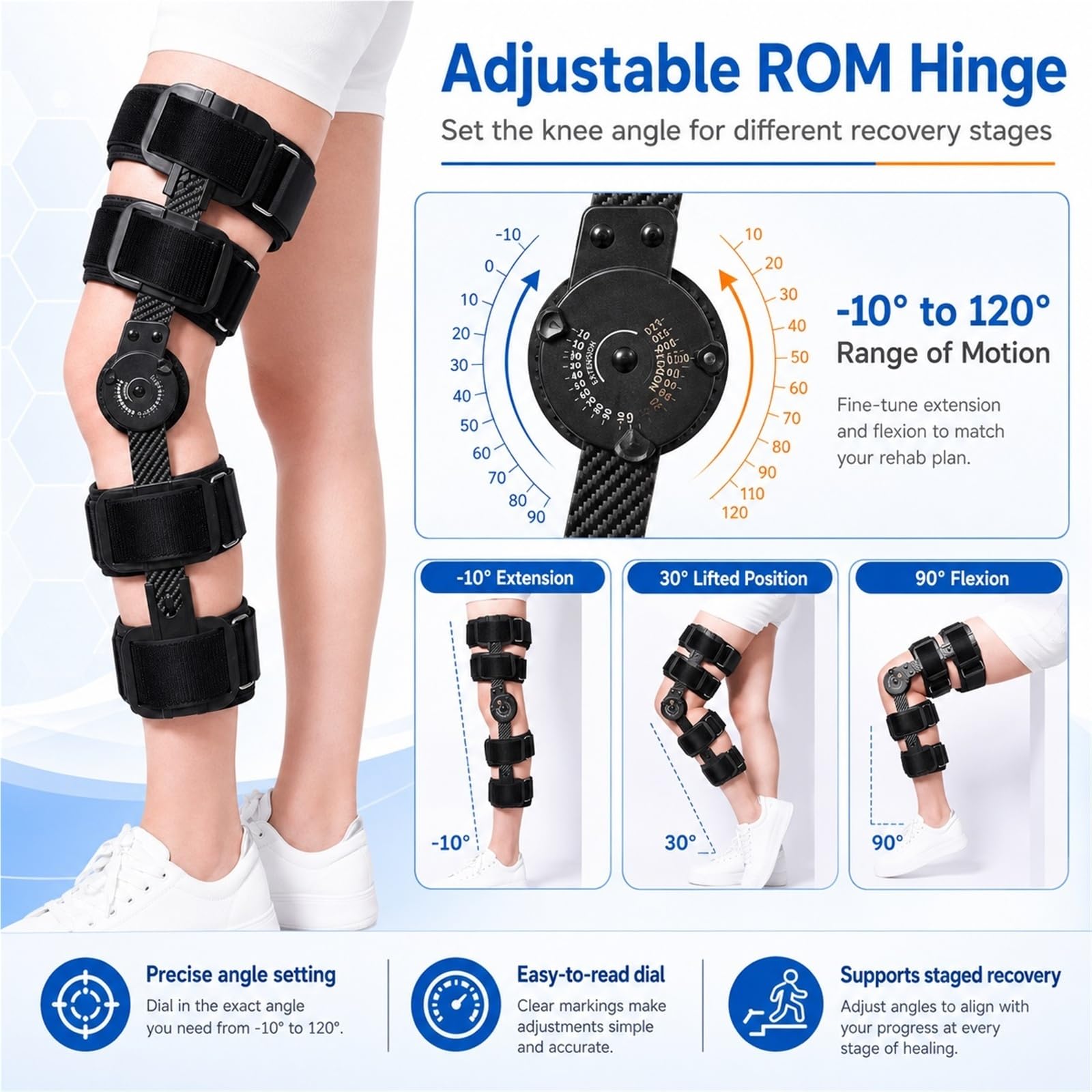 Orteza Kolana z Regulacją Kąta Zgięcia ROM Stabilizator Pooperacyjny Szyna na Nogi do Rehabilitacji Łękotki i Rzepki Lekka Aluminiowa Konstrukcja Unisex Regulowana