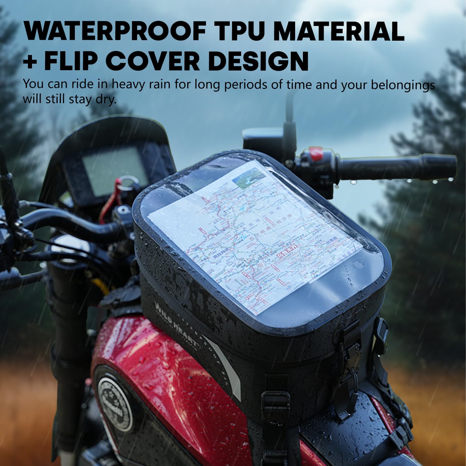 WILD HEART Compeletely Waterproof Motorcycle tank Bag Universal Motorcycle Bag Large Capacity 8l For Motorbike Riding (Transparent cover Black)