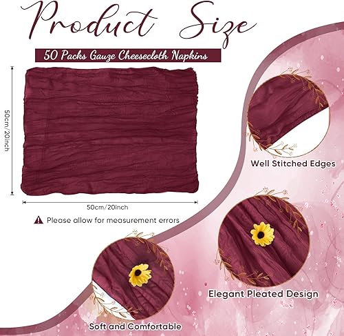 Miniatura 9 de Mixweer 50 servilletas de gasa de 20 x 20 pulgadas, servilletas de algodón de gasa arrugada, servilletas de tela de queso, servilletas de tela