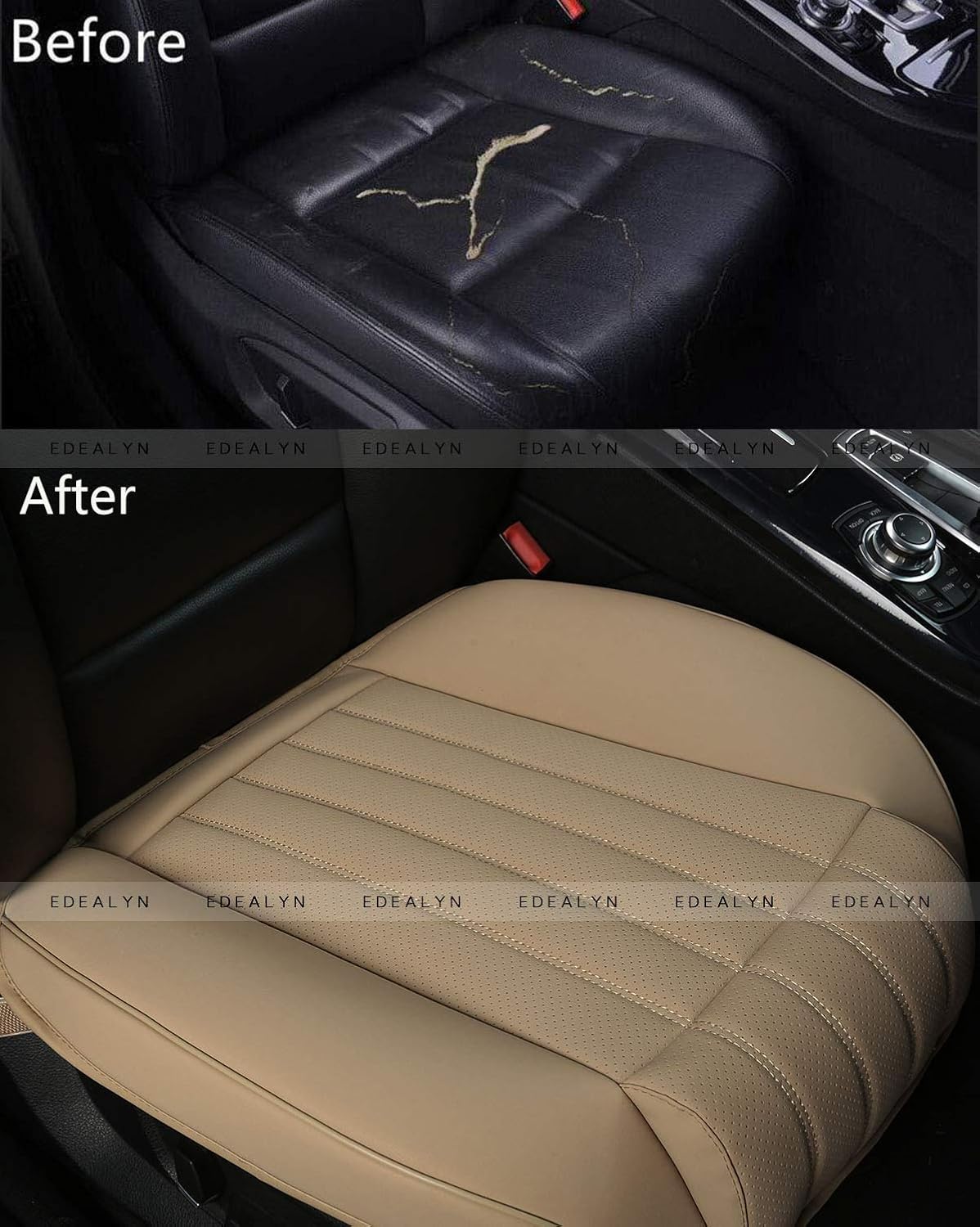 EDEALYN (1 PCS Car Seat Cover Width20.86 by deep 20.86 inches PU Leather Auto Bottom Seat Protector Cover with Comfort Leg Support Pillow Fit Most Front Driver Seat (Beige with Leg Rest)