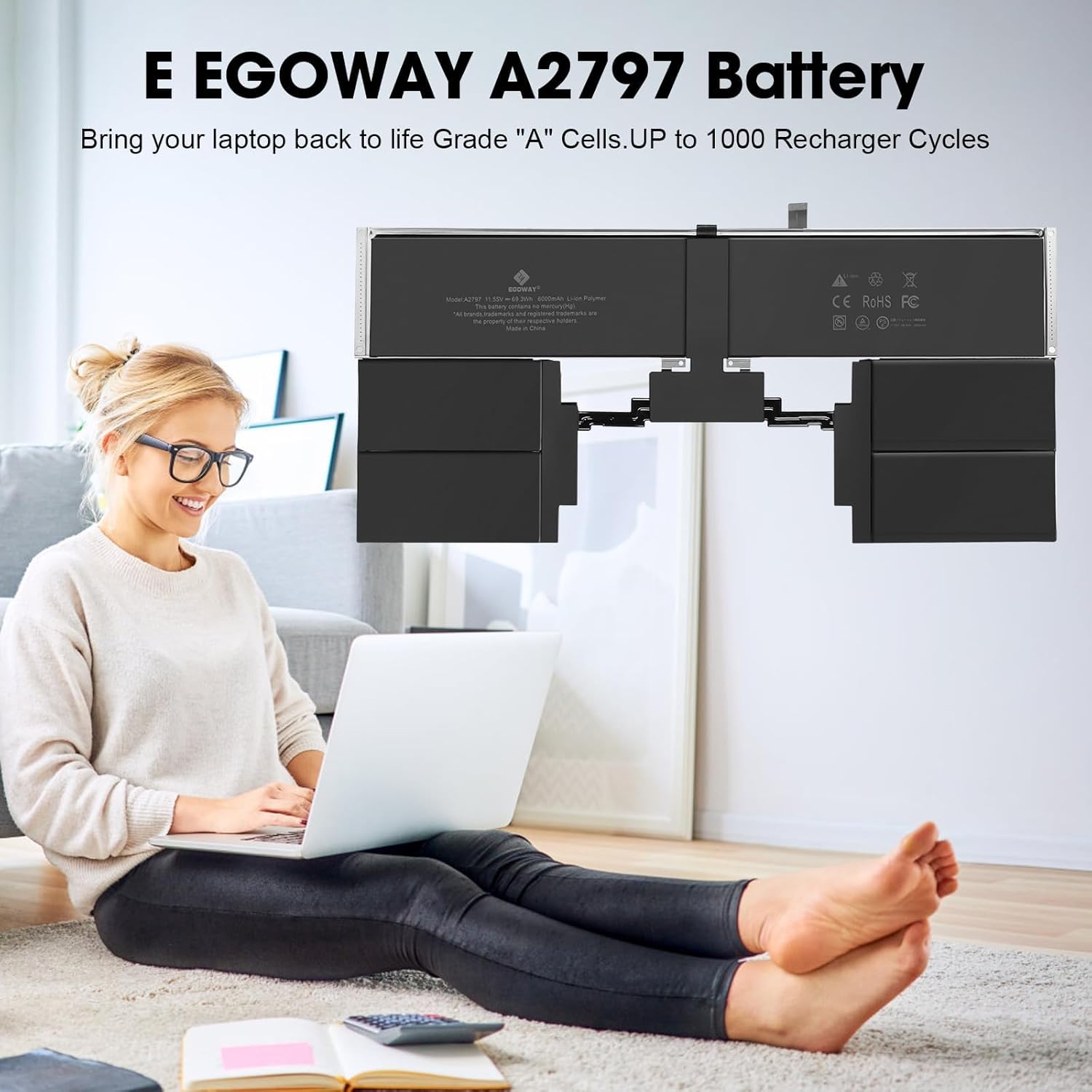E EGOWAY A2941 A2797 Laptop Battery Replacement for MacBook Air 15 Inch M2 (2023), EMC 8301, 6000mAh Capacity