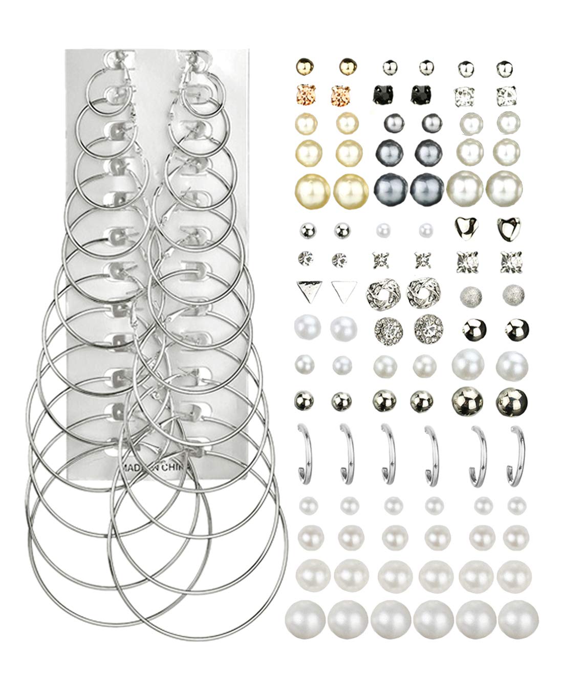 Ofeiyaa57-60 Pairs Assorted Multiple Stud Hoop Earrings for Women Girls CZ Stud Earrings Set