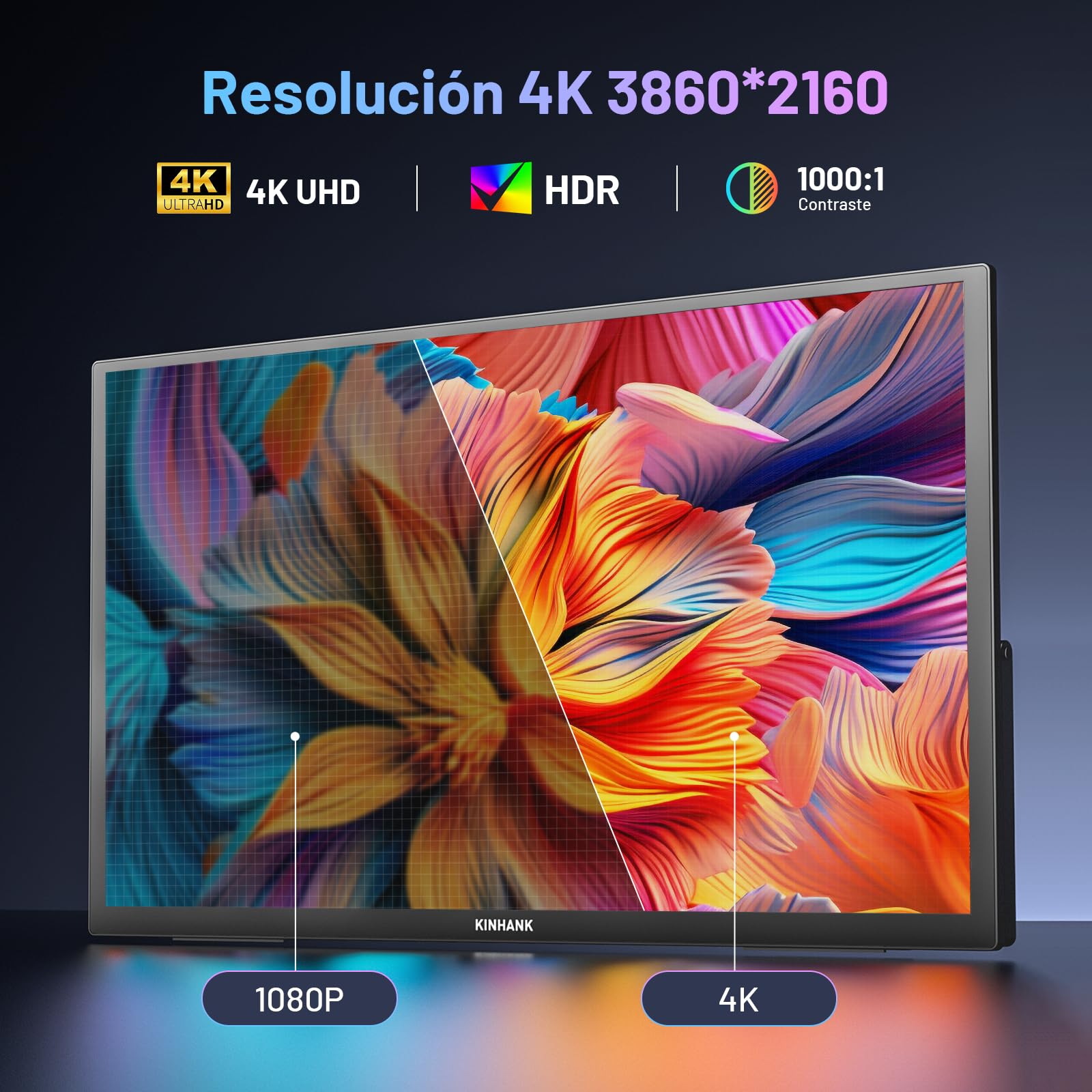 Monitor Portátil 4K HDR Pantalla Portatil con GTV OS, con Altavoces&Soporte | 18.4"/85% NTFC/IPS Pantalla de Extensión para Laptop/Xbo/PS5/Phone/USB C/HDMI, Compatible con VESA, Trabajo y Entretenimiento