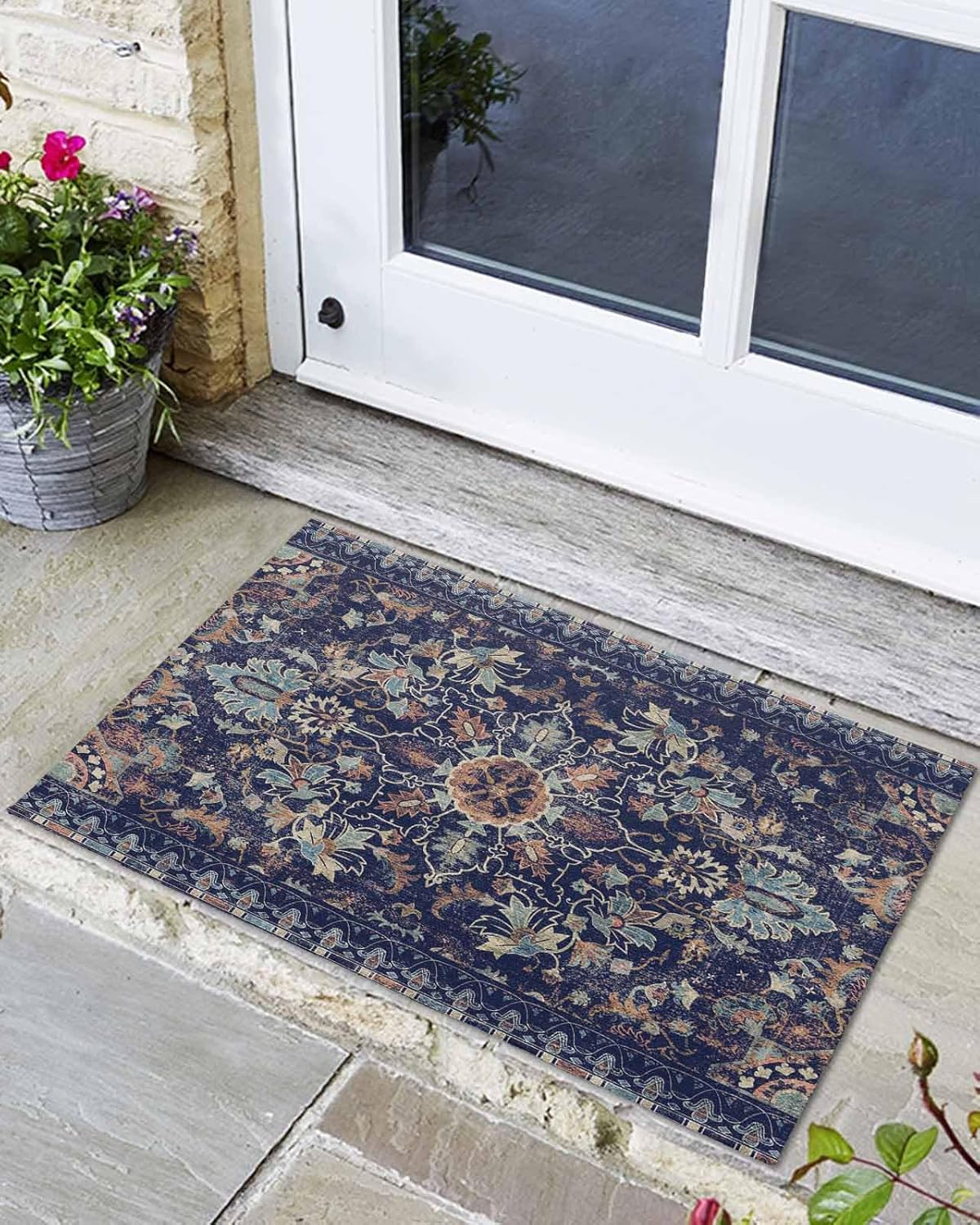 Indoor/Outdoor Door Mat Welcome Mats 24x36 Inch Non-Slip Rubber Entryway Mats Nation Tribe Flower Textures Doormats for Home