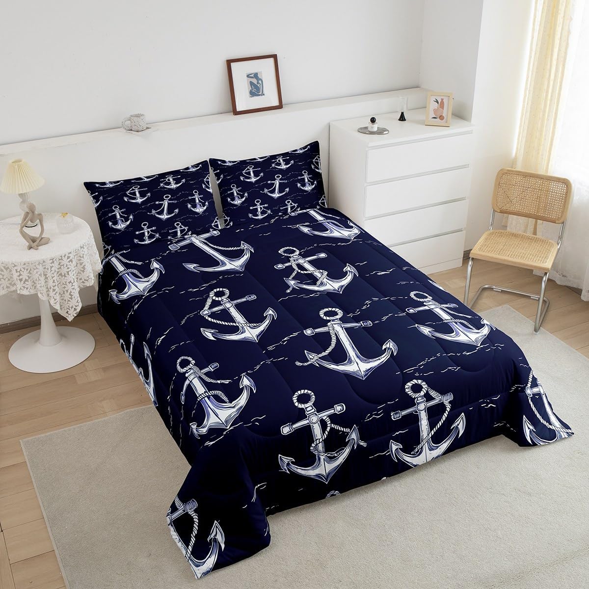 Feelyou Boys Girls Anchor Decor Comforter Set Full Size, Nautical Themed Duvet Insert Ocean Bedding Set Kids Teens Bedroom Decor Bed Set 3Pcs