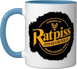 RatPiss High Octane Racing Fuel, Rat Rod Ceramic Mug, Blue/White