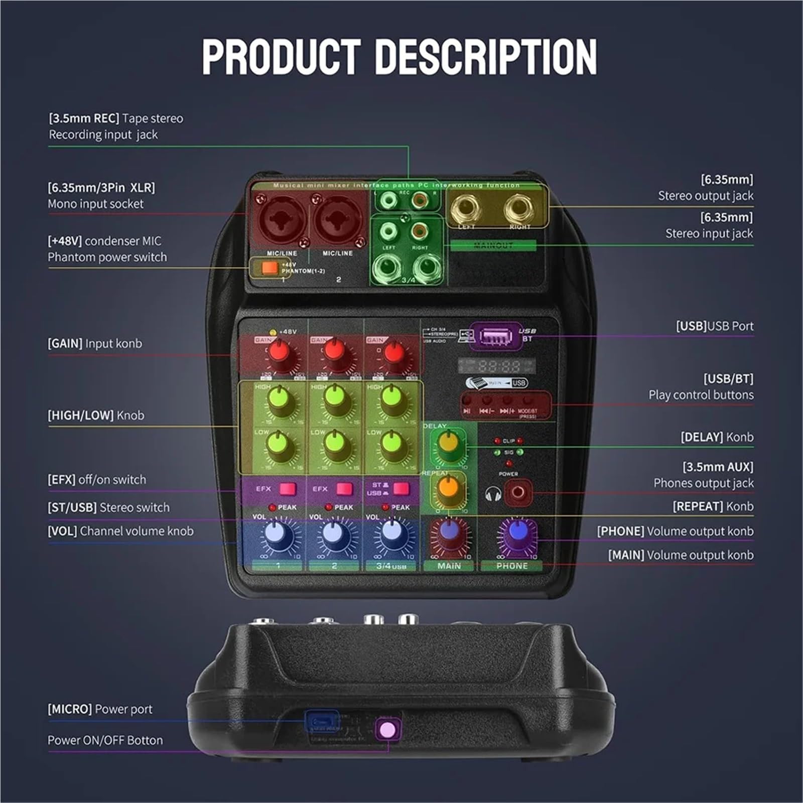 Kontroler DJ-ski, Przenośny 4-kanałowy mikser, konsola do nagrywania dźwięku, karta miksująca z interfejsem USB BT 48V komputera DJ-skiego, mikrofonu MP3