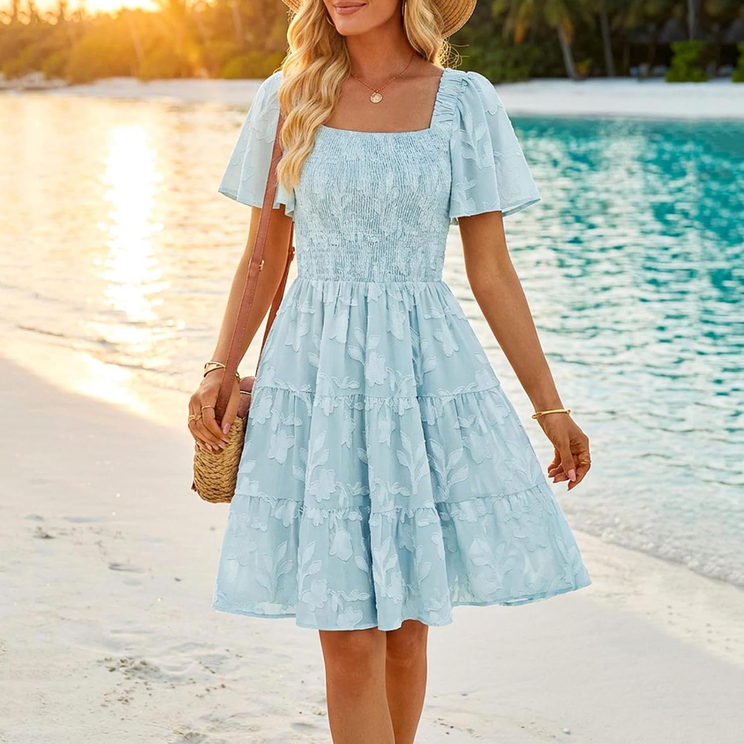 Women's Summer Boho Floral Mini Dress Casual Short Sleeve Square Neck Swing Beach Vacation Sundress Trendy Clothes