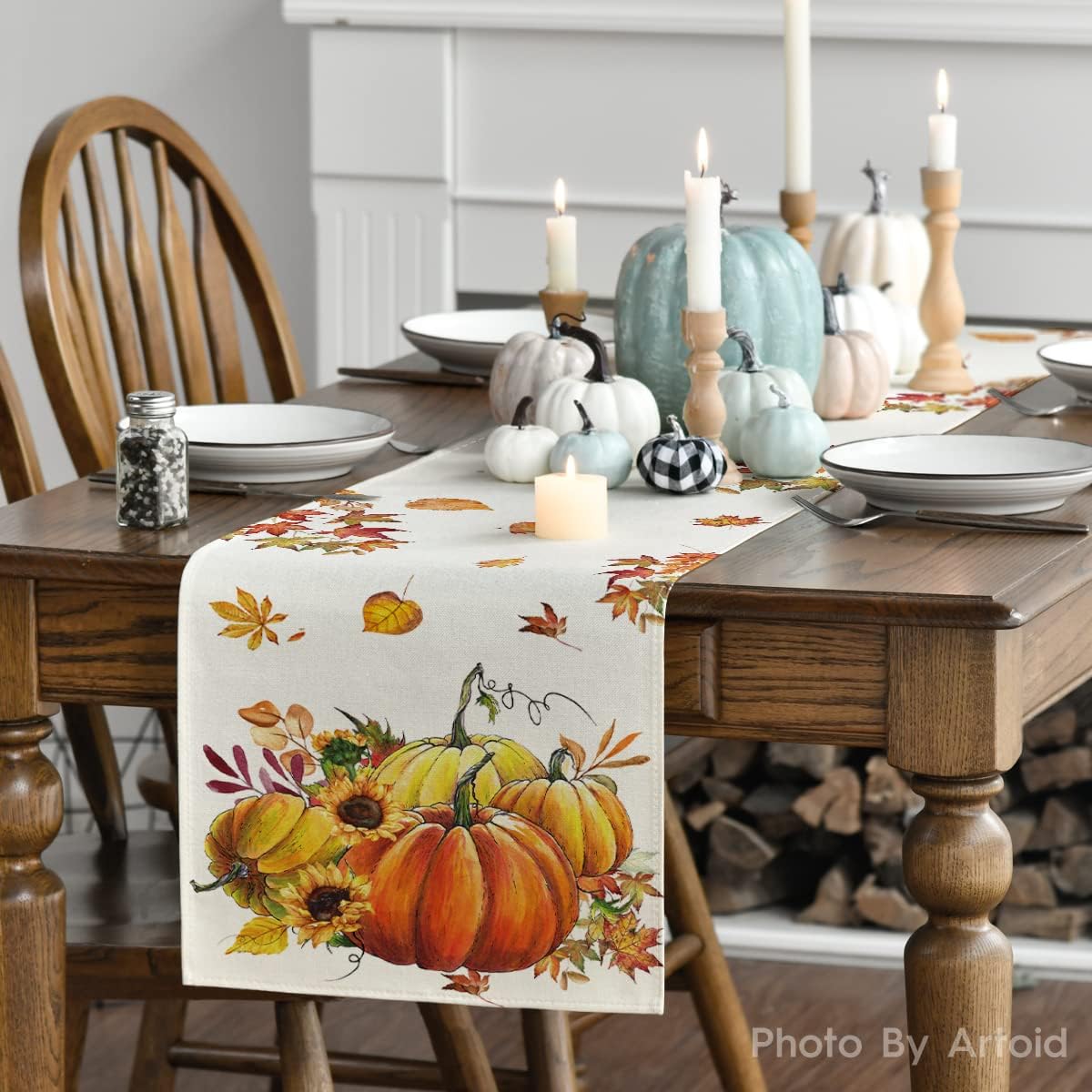 Artoid Mode Fall Pumpkins Sunflowers Maple Leaves Thanksgiving Table Runner, Seasonal Autumn Harvest Vintage Kitchen Dining Table Decoration for Indoor Outdoor Home Party Decor 13 x 48 Inch