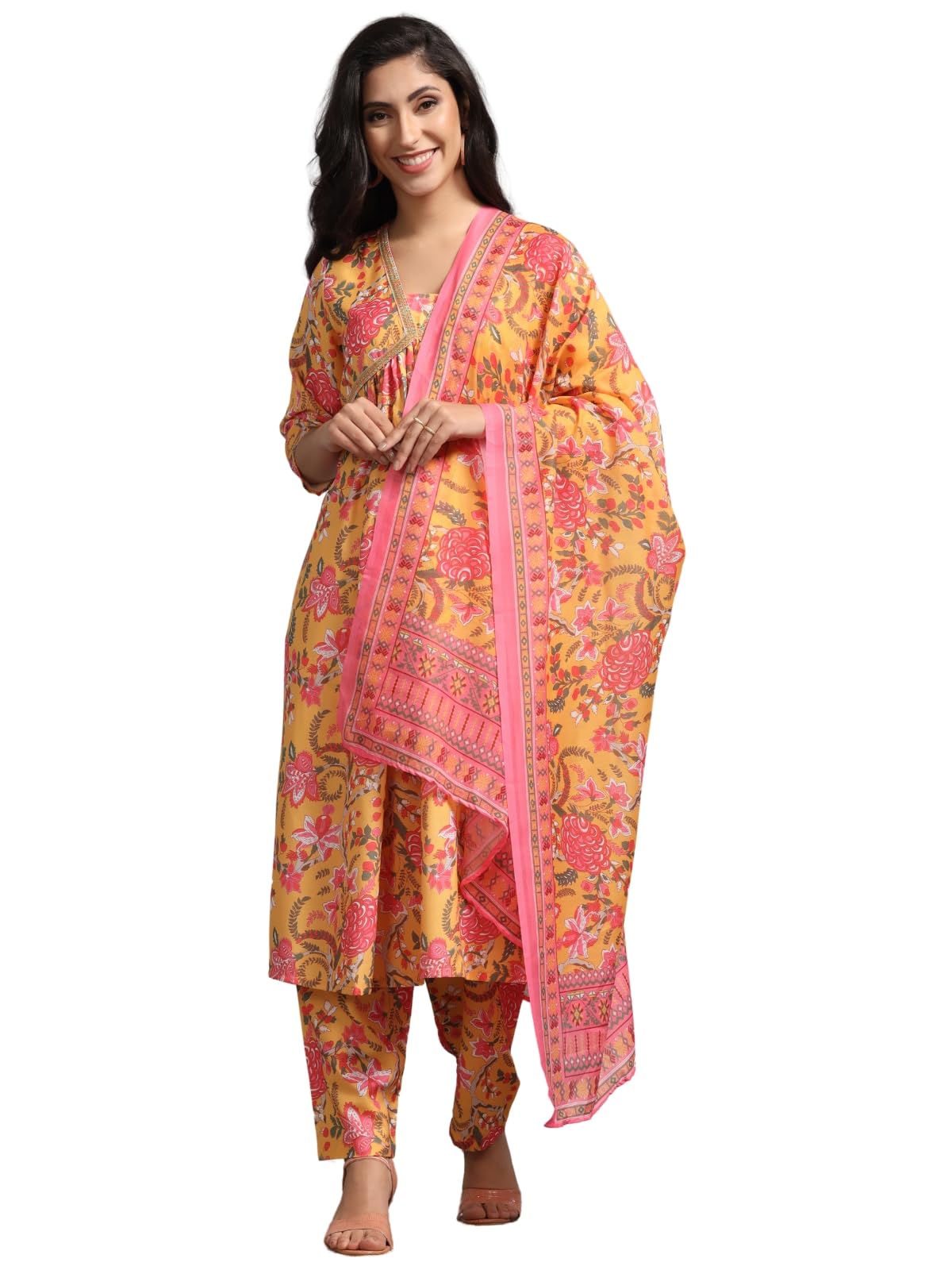 Dhruvi Trendz Women Cotton Blend Fancy Kurta Set Regular Fit Printed (Dt-K2740&P162&D107_Yellow_L)