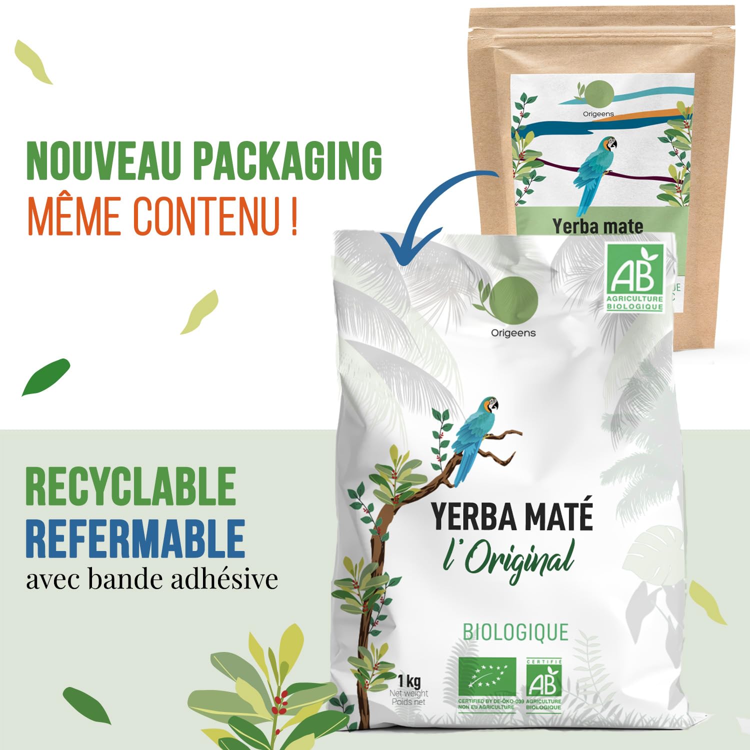 ORIGEENS YERBA MATE BIO 1KG L'Original - Yerba Maté Vert Non Fumé, Récolté à la main - Feuilles, Sans Tige, 0 Poussière - Boisson Energie et Detox
