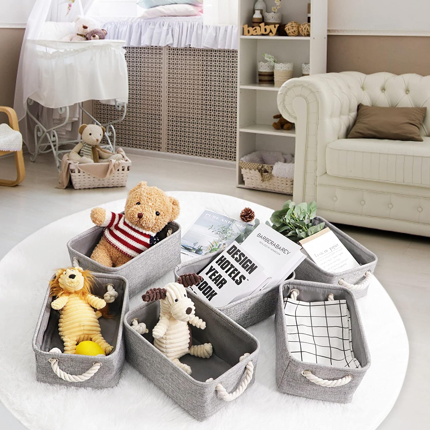 Kleine Körbe für Regale (6er-Pack) Stoff-Aufbewahrungskörbe, leere Geschenkkörbe mit Seilgriffen, faltbare Aufbewahrungskörbe für die Organisation von Heimschrank und Büro (grau, 30x19.8x13 cm)
