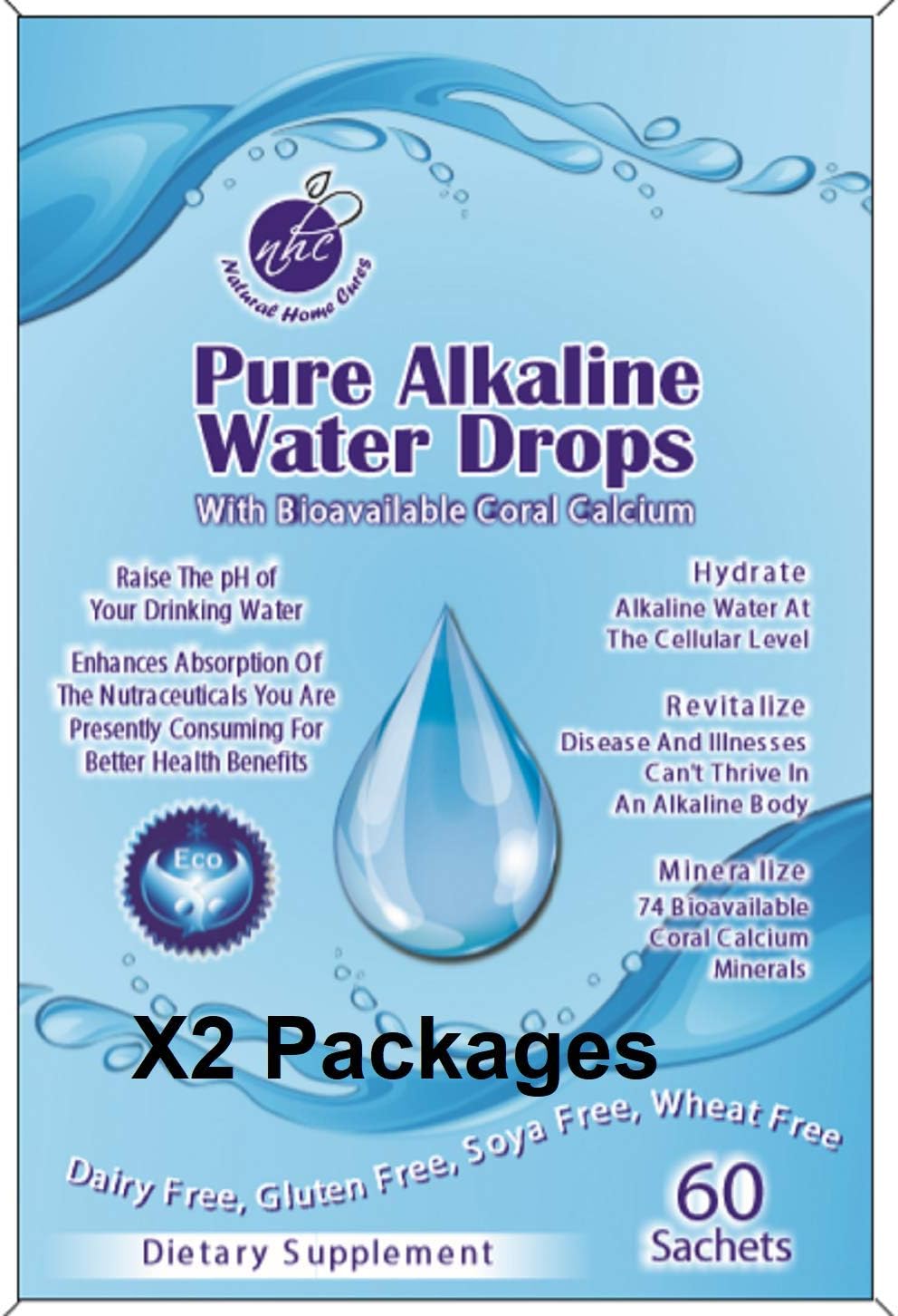 2 Packages - Pure Alkaline Water Drops Contains Bioavailable Australian Great Barrier Reef Coral Calcium Makes Pure, Fresh, Ionic Mineral pH Alkaline Water (1 Package is Good for 60 Gallons of Water)