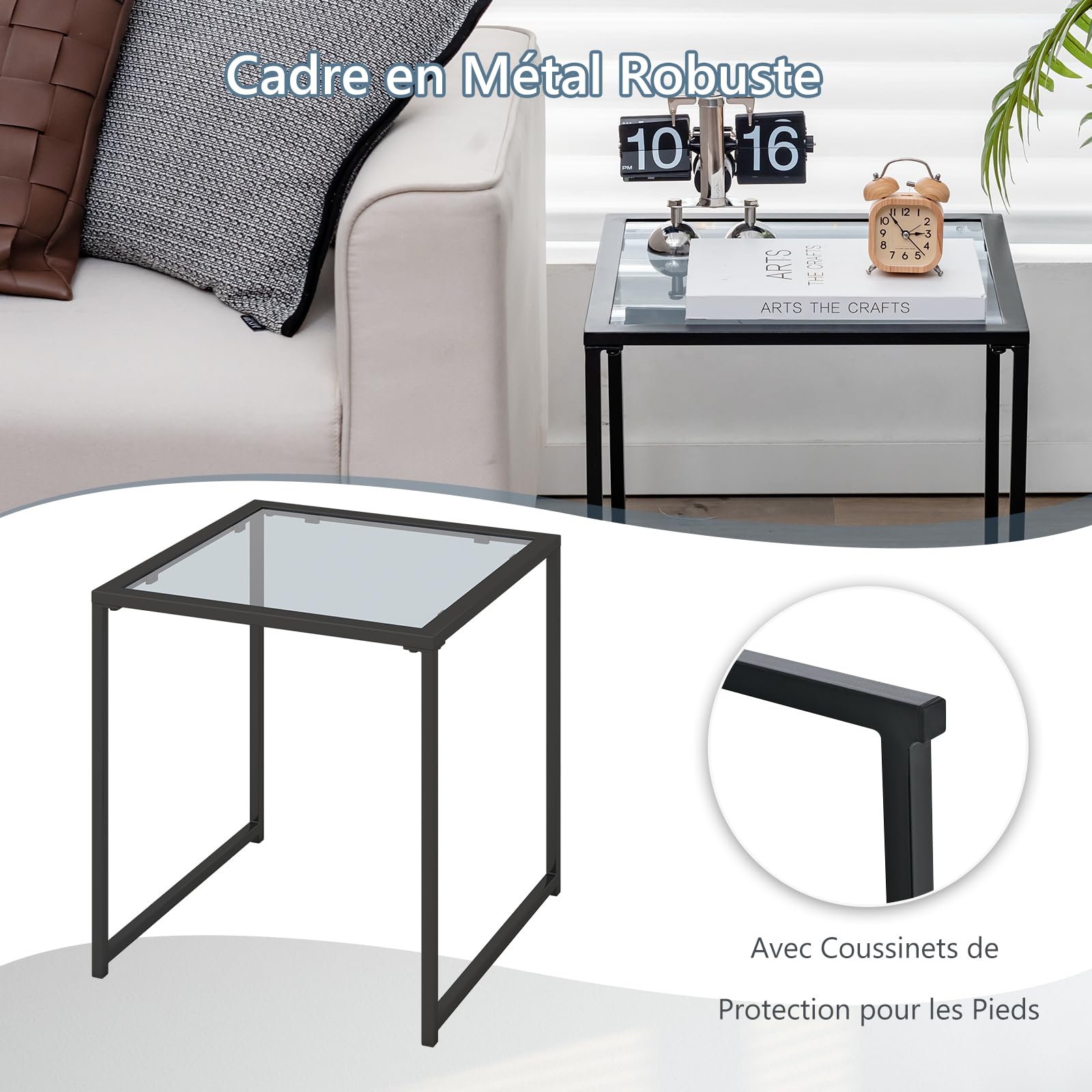 GIANTEX Table basse carrée 43 x 43 cm avec plateau en verre trempé