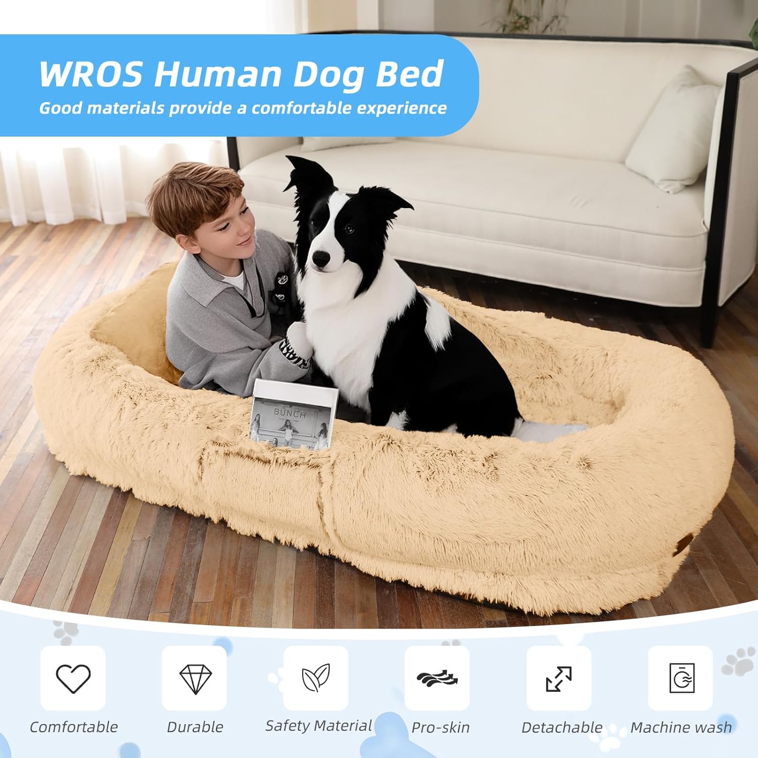 human dog bed for adults & pets, 63"x32"x10" xl faux fur nap bed with pillow, blanket & strap, orthopedic washable lounger for sleeping, relaxing, cuddling – beige 63.0"l x 32.0"w x 10.0"th beige