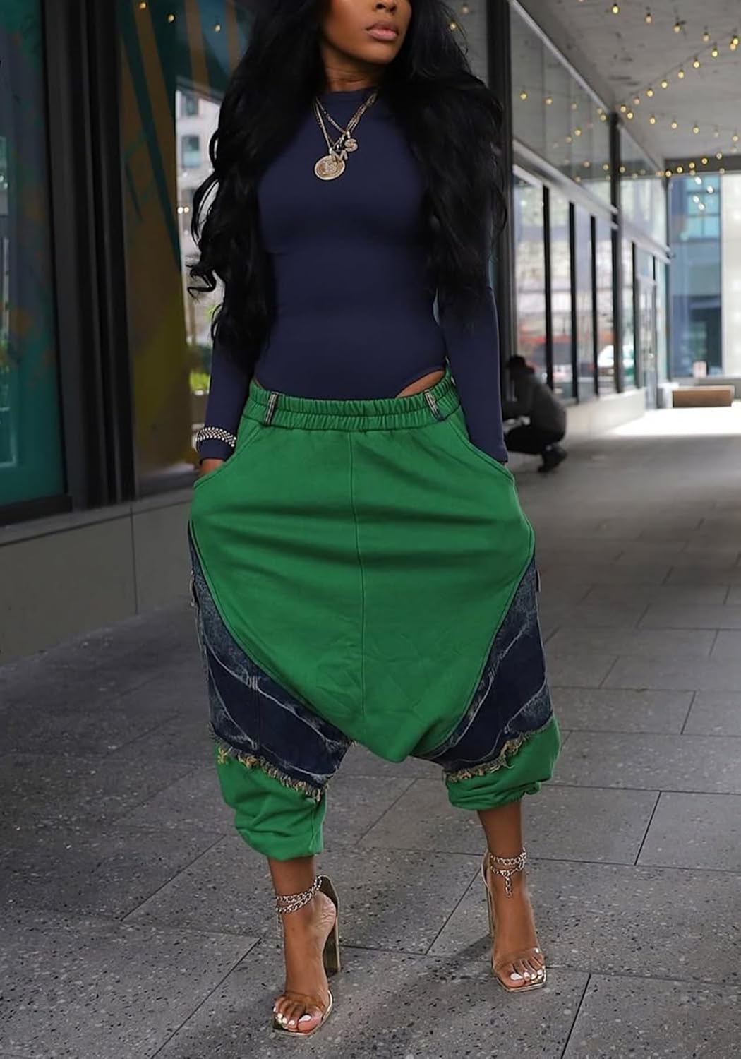 LETSVDO Womens Baggy Harem Jeans Elastic Waist Wide Leg Barrel Cargo Patchwork Ripped Hippie Cropped Denim Jogger Pants - Image 3