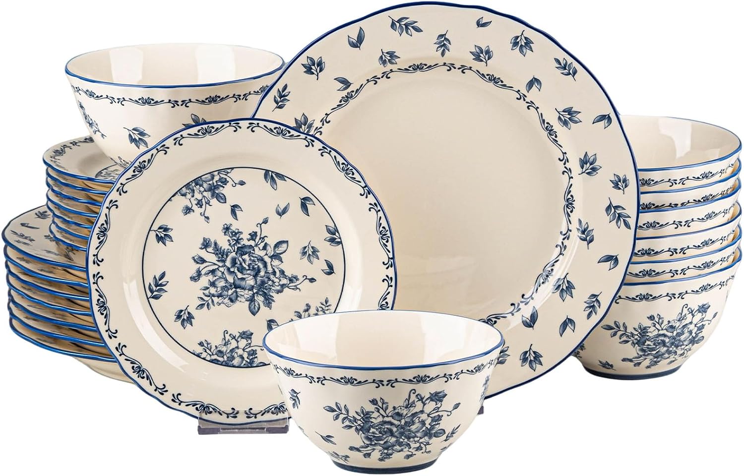 24-Piece Vintage Blue Floral Ceramic Dinnerware Set, Service for 8, Microwave & Oven Safe Plates and Bowls, Porcelain Dish Set for Parties & Hosting