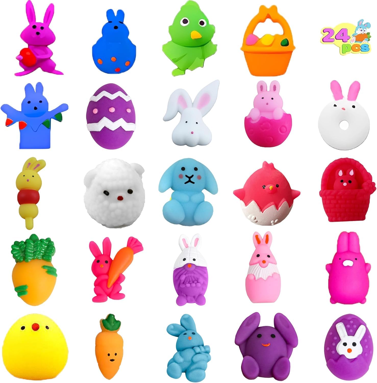 Amyang 24Pcs Easter Mochi Squishy Toys Stress Relief Squishies for Kids Boys Girls Toddlers Easter Basket Stuffers Egg Fillers Gifts Party Favors