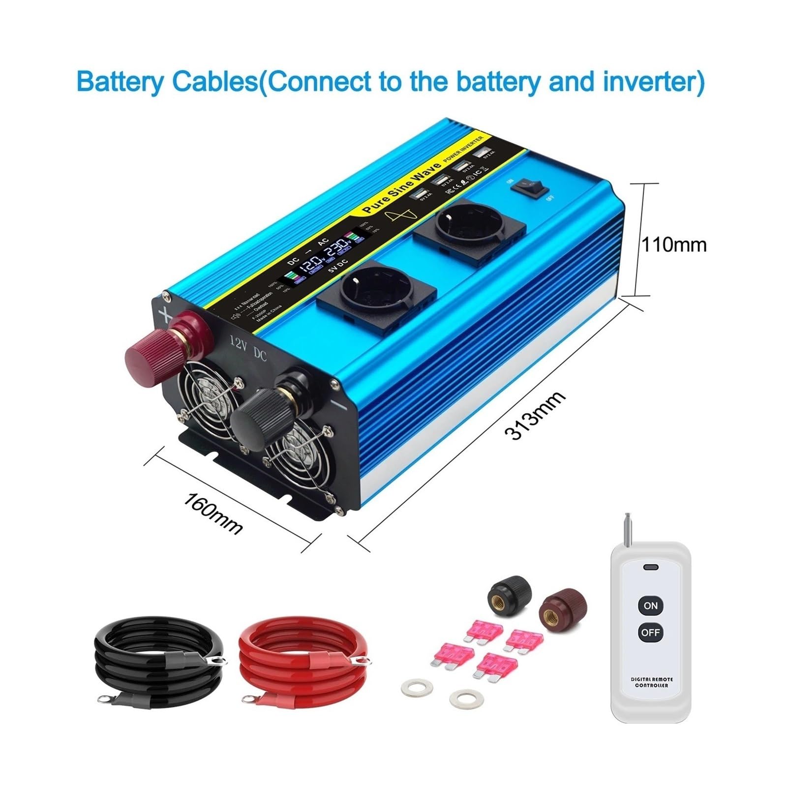 Convertidor Inversor Transformador Inversor Onda Sinusoidal Pura 8000W CC 12V/24V A CA 220 V/230 V Control Remoto Pantalla LCD Convertidor para Autocaravana Batería Solar(DC12V,50Hz EU,5000W Peak)
