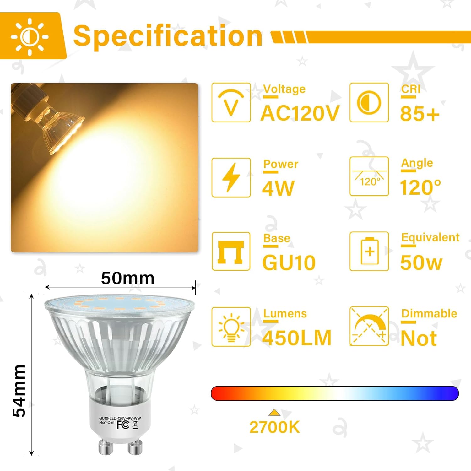 GU10 LED Bulb, 50 Watt Halogen Equivalent, 2700K Soft White GU10 Bulb for Track, Recessed Lighting, 4W 450 Lumens MR16 LED Bulb for Kitchen, Range Hood, Living Room, Bedroom, 6 Pack