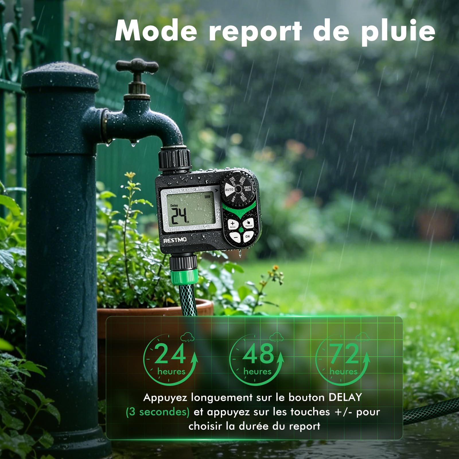 Ordenador de riego con válvula de Bola sin pérdida de presión (0-120 PSI), 2 programas de riego y retardo de Lluvia (24-72 h), Sistema de riego de jardín para barriles de Lluvia, Camas elevadas