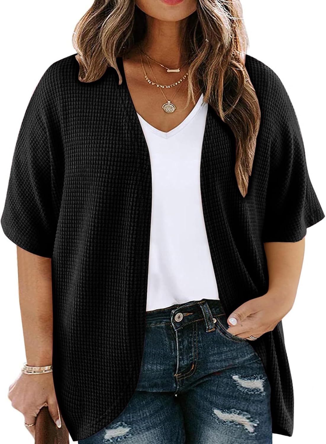 ForHailey Plus Size Cardigan for Women Short Sleeve Waffle Knit Kimono Open Front Tops Swimsuit Cover Up Outwear