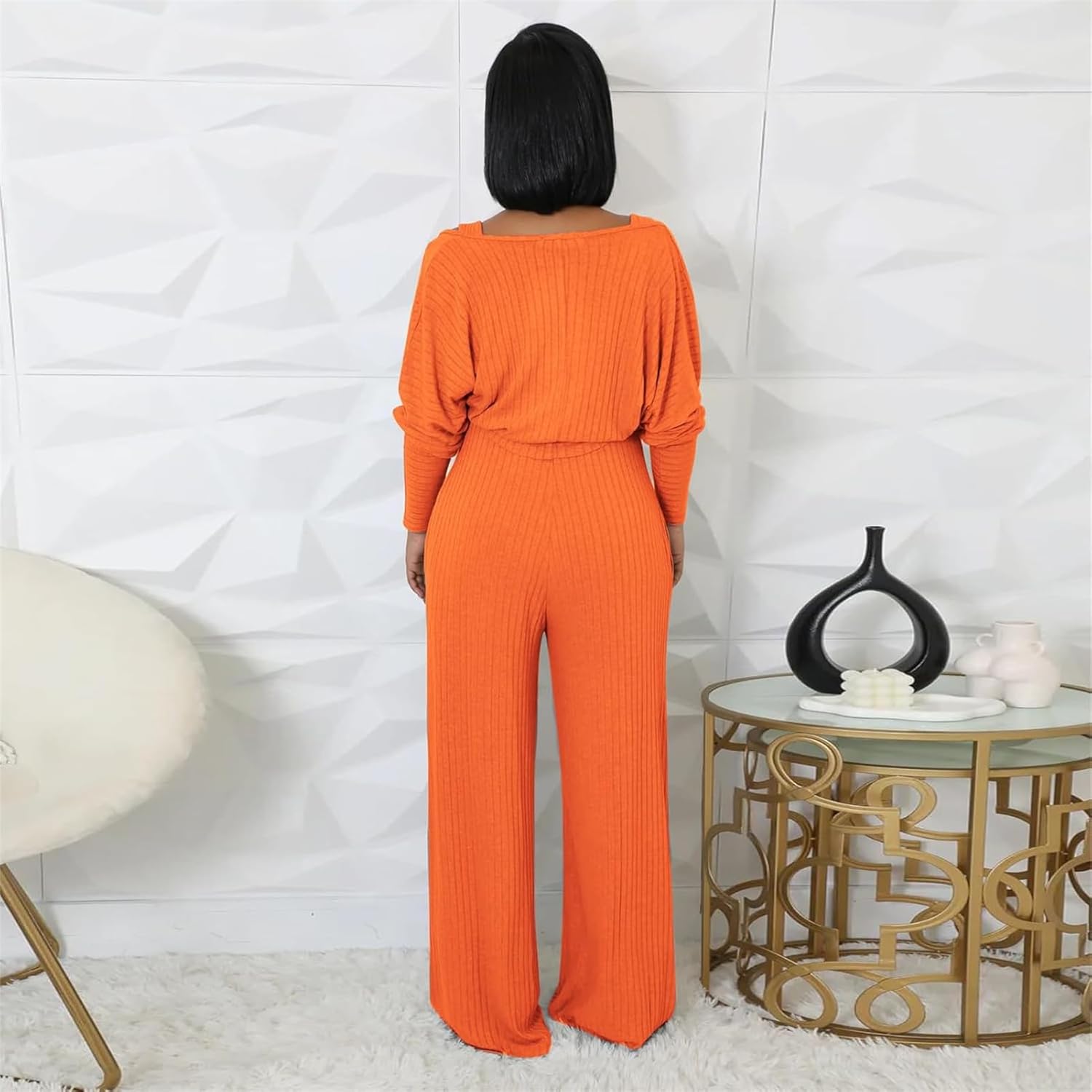 Women's Casual 2 Piece Outfits Ribbed Knitted Batwing Long Sleeve Cardigan Tank Wide Leg Jumpsuits Sets With Pocket - Image 4