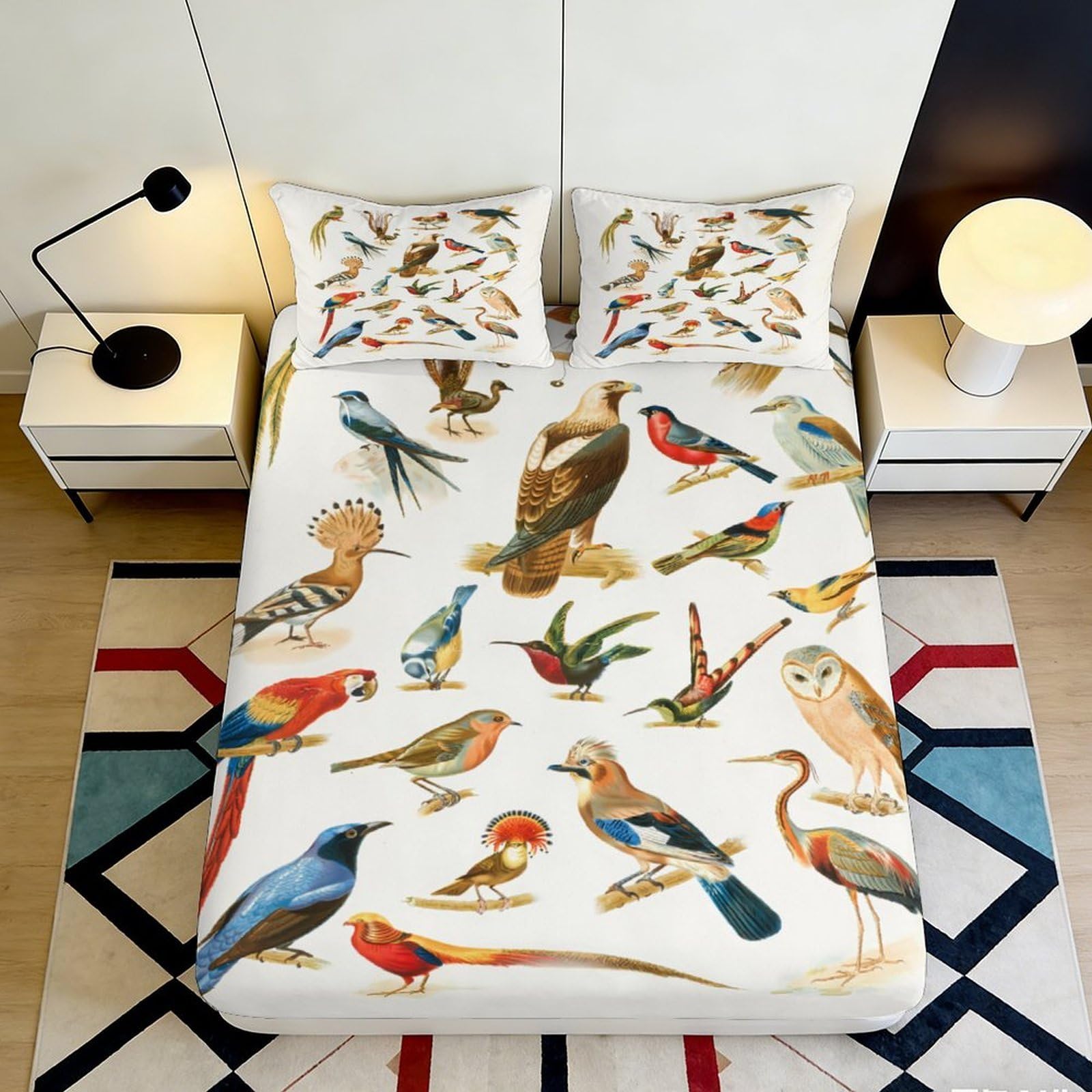 3D Printed Bird Pattern Fitted Sheet Microfiber Soft Breathable Colorful Birds Bed Cover for Bedroom Dormitory Guest Room Mattress Protection 160x200x25cm